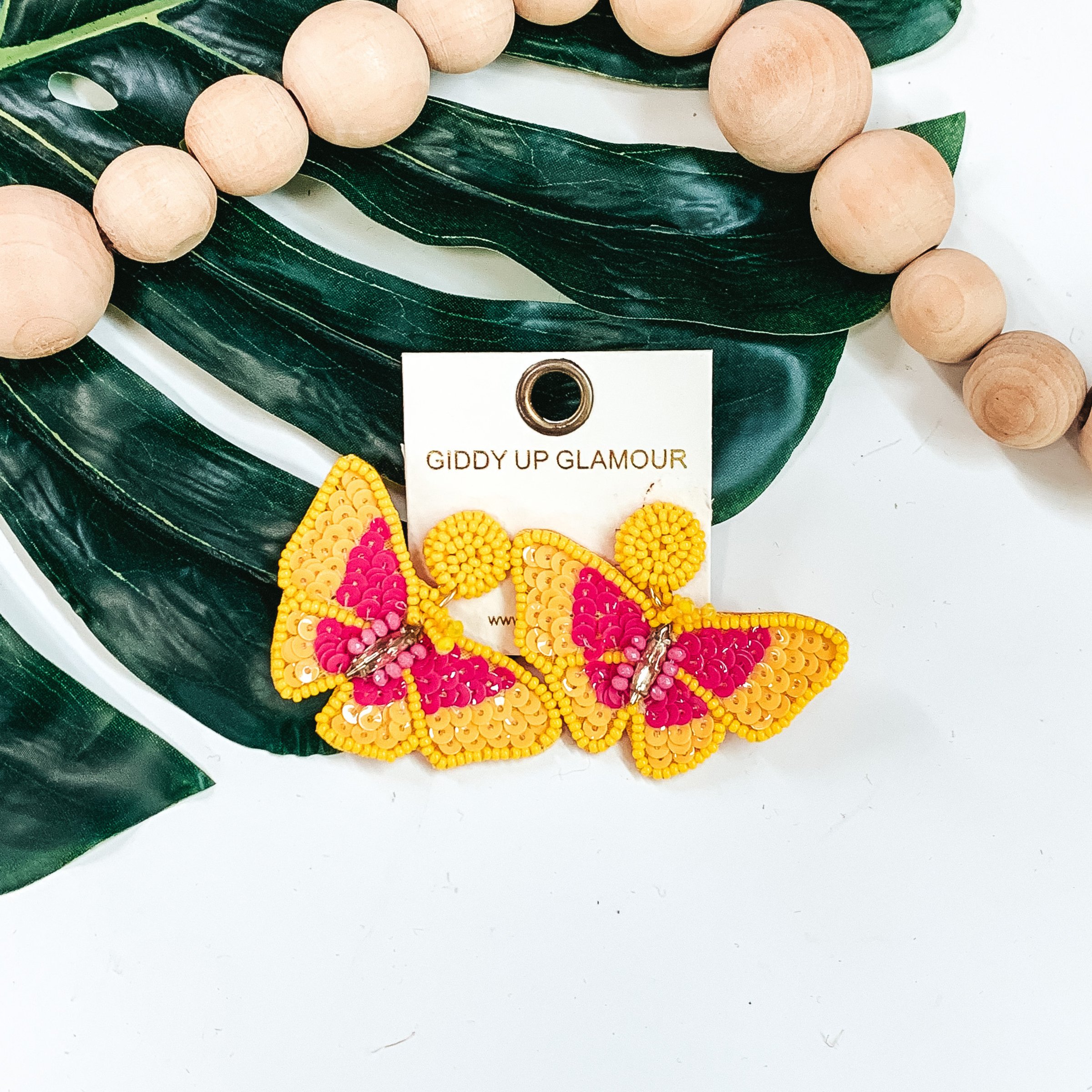 Beautiful as a Butterfly Earrings in Yellow/Pink - Giddy Up Glamour Boutique