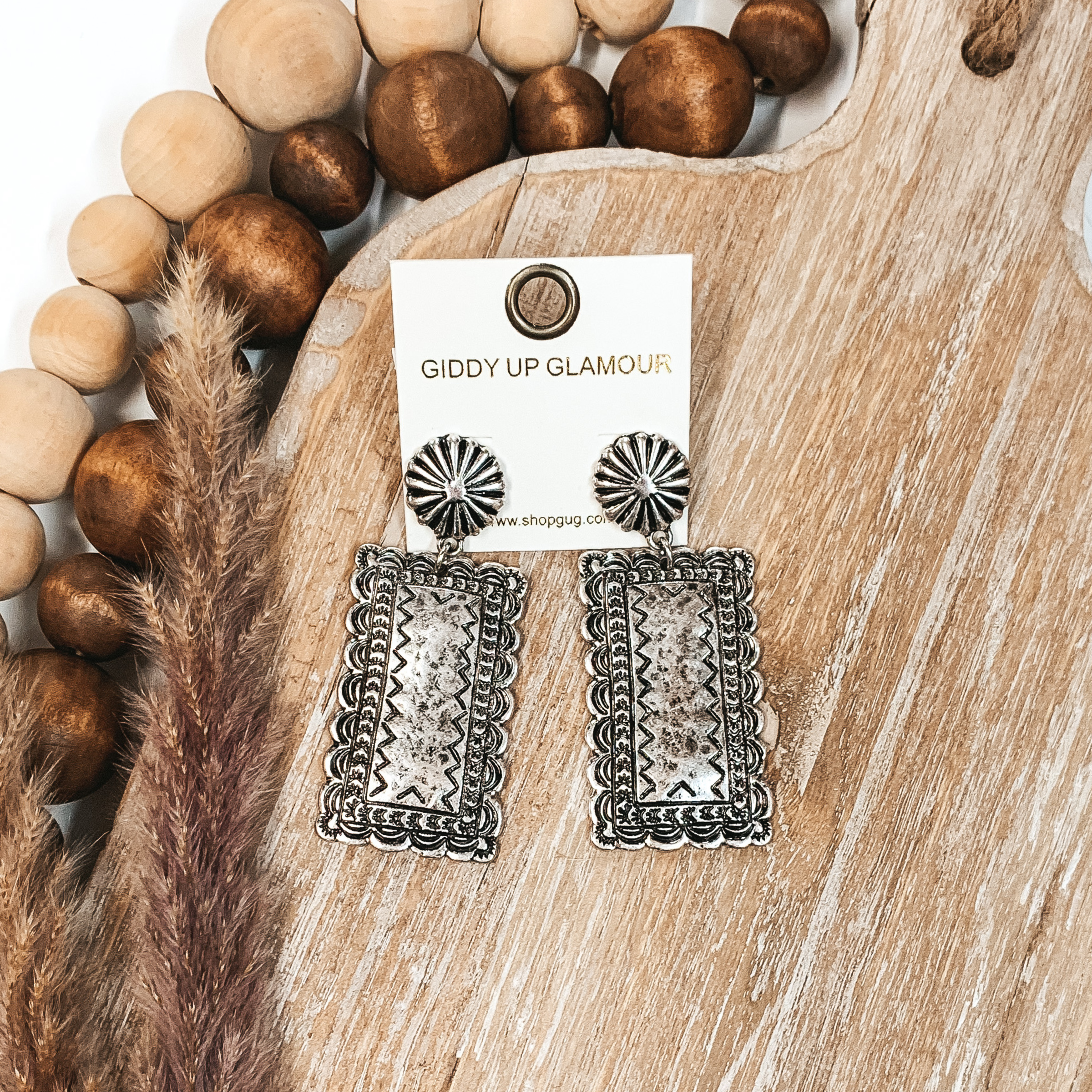 Tooled Rectangle Earrings in Silver - Giddy Up Glamour Boutique