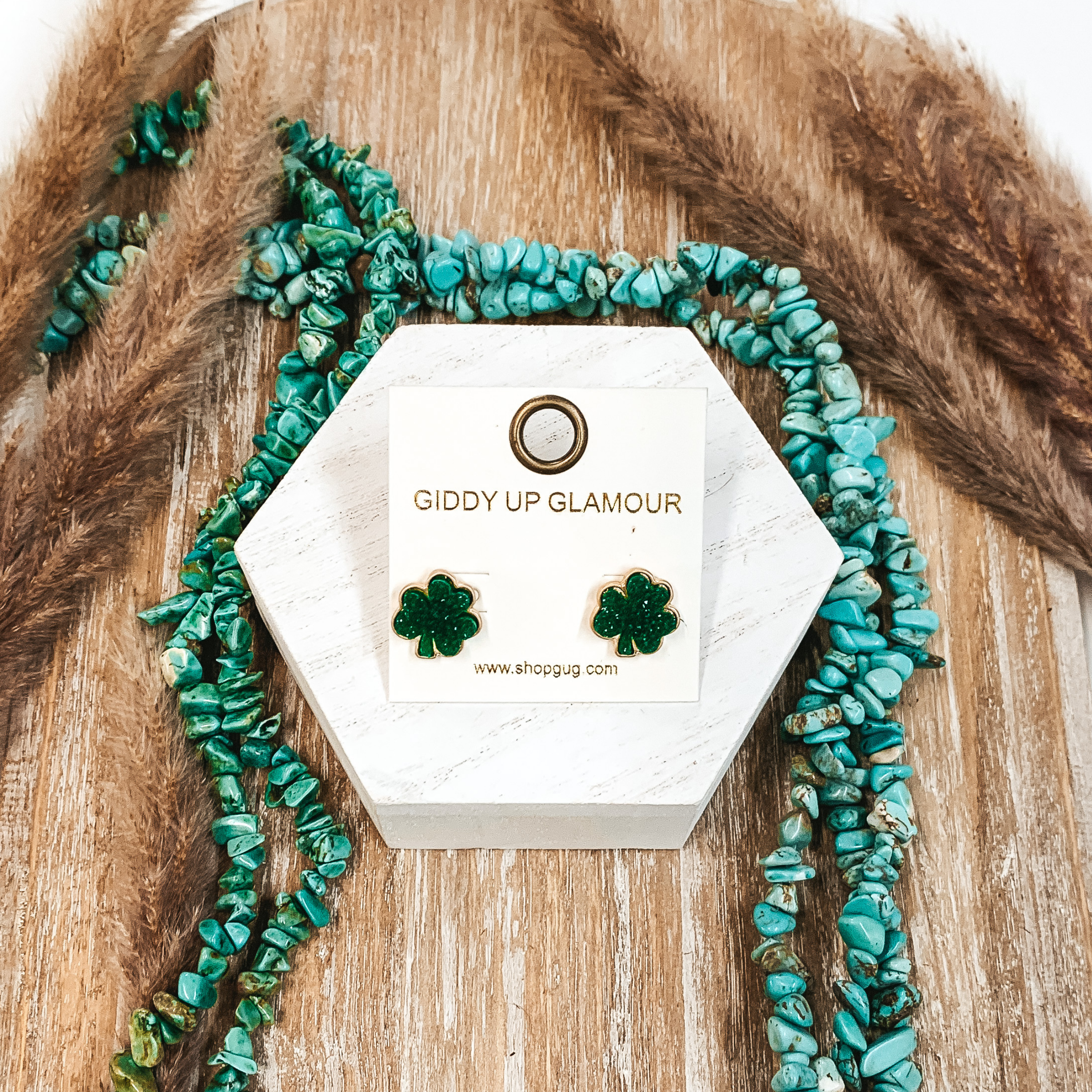 Druzy Four Leaf Clover Post Earrings in Green - Giddy Up Glamour Boutique
