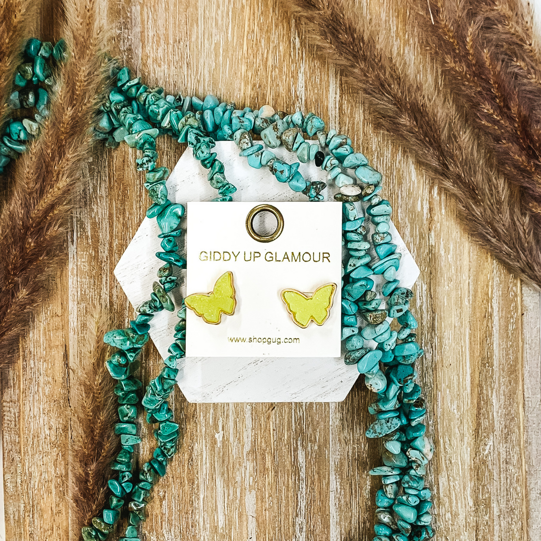 Druzy Butterfly Post Back Earrings in Neon Yellow - Giddy Up Glamour Boutique