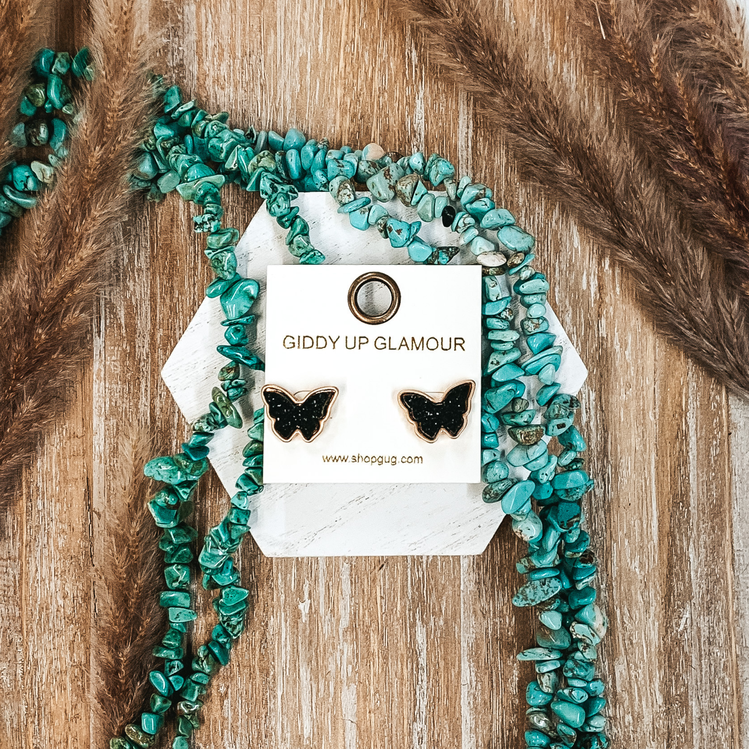 Druzy Butterfly Post Back Earrings in Black - Giddy Up Glamour Boutique