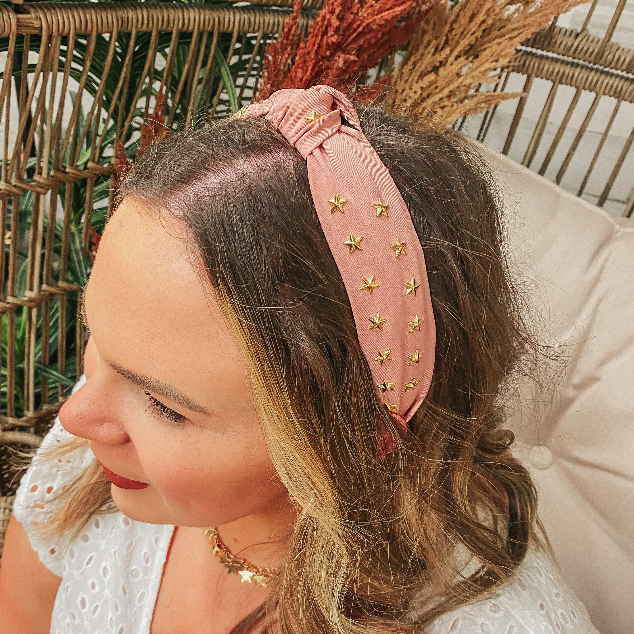 Gold Star Detailed Headband in Dusty Pink - Giddy Up Glamour Boutique