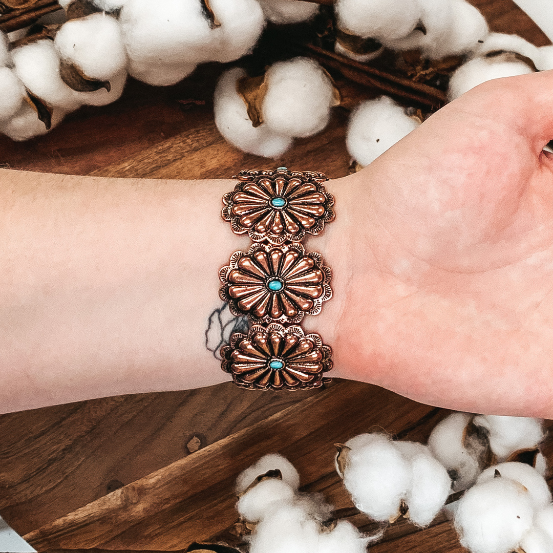 Copper Tone Concho Bracelet with Turquoise Center Stone - Giddy Up Glamour Boutique