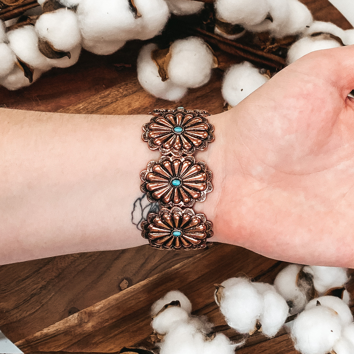 Copper Tone Concho Bracelet with Turquoise Center Stone - Giddy Up Glamour Boutique