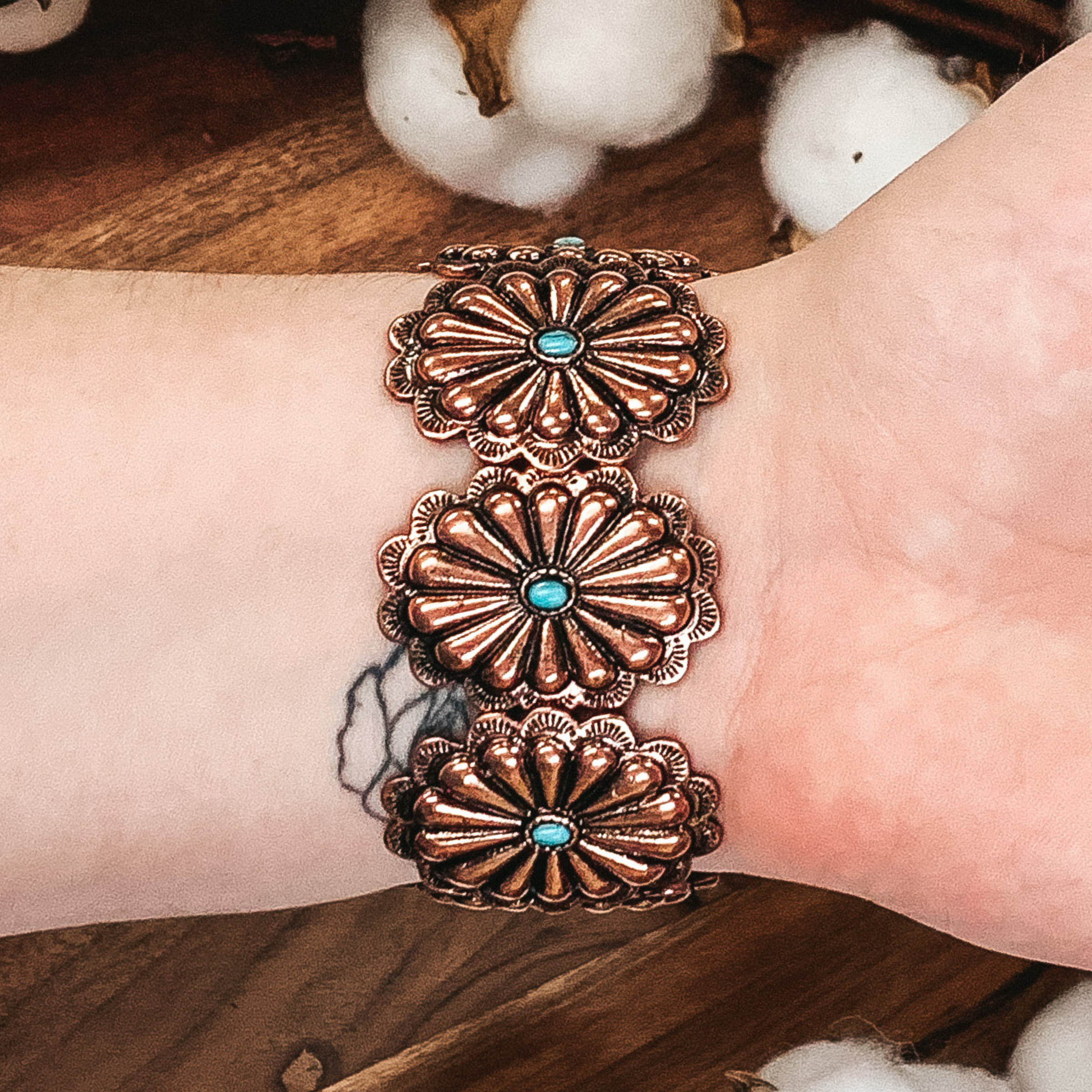 Copper Tone Concho Bracelet with Turquoise Center Stone - Giddy Up Glamour Boutique