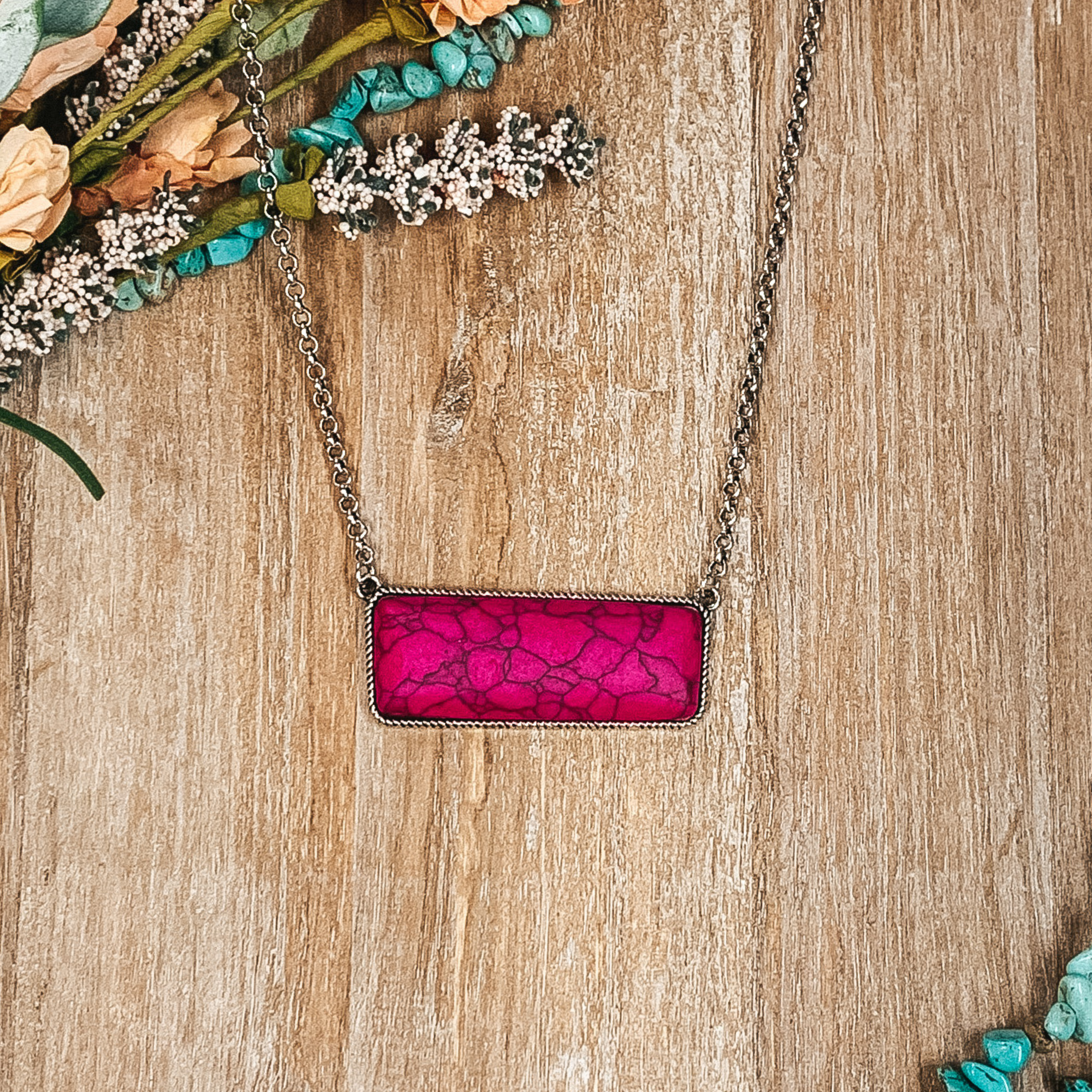 Large Rectangle Faux Stone Necklace in Pink - Giddy Up Glamour Boutique