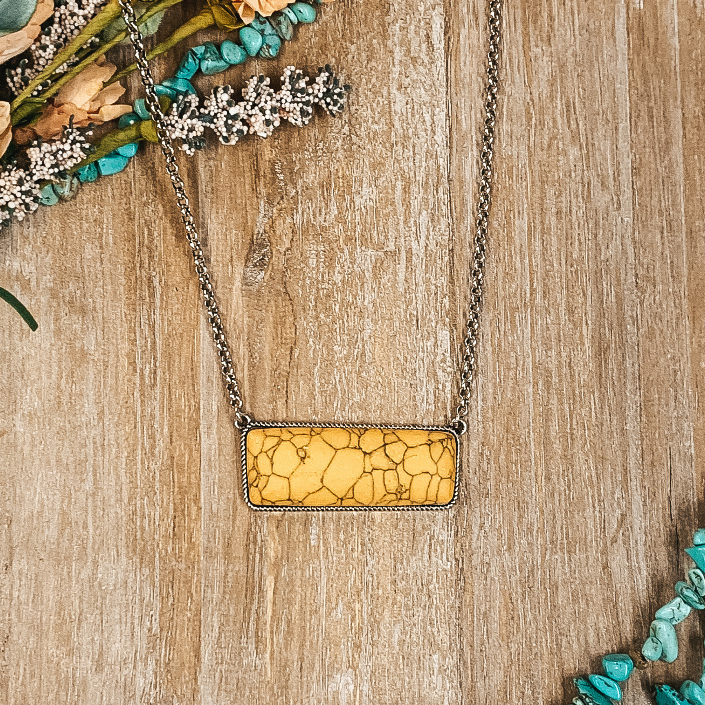 Large Rectangle Faux Stone Necklace in Yellow - Giddy Up Glamour Boutique