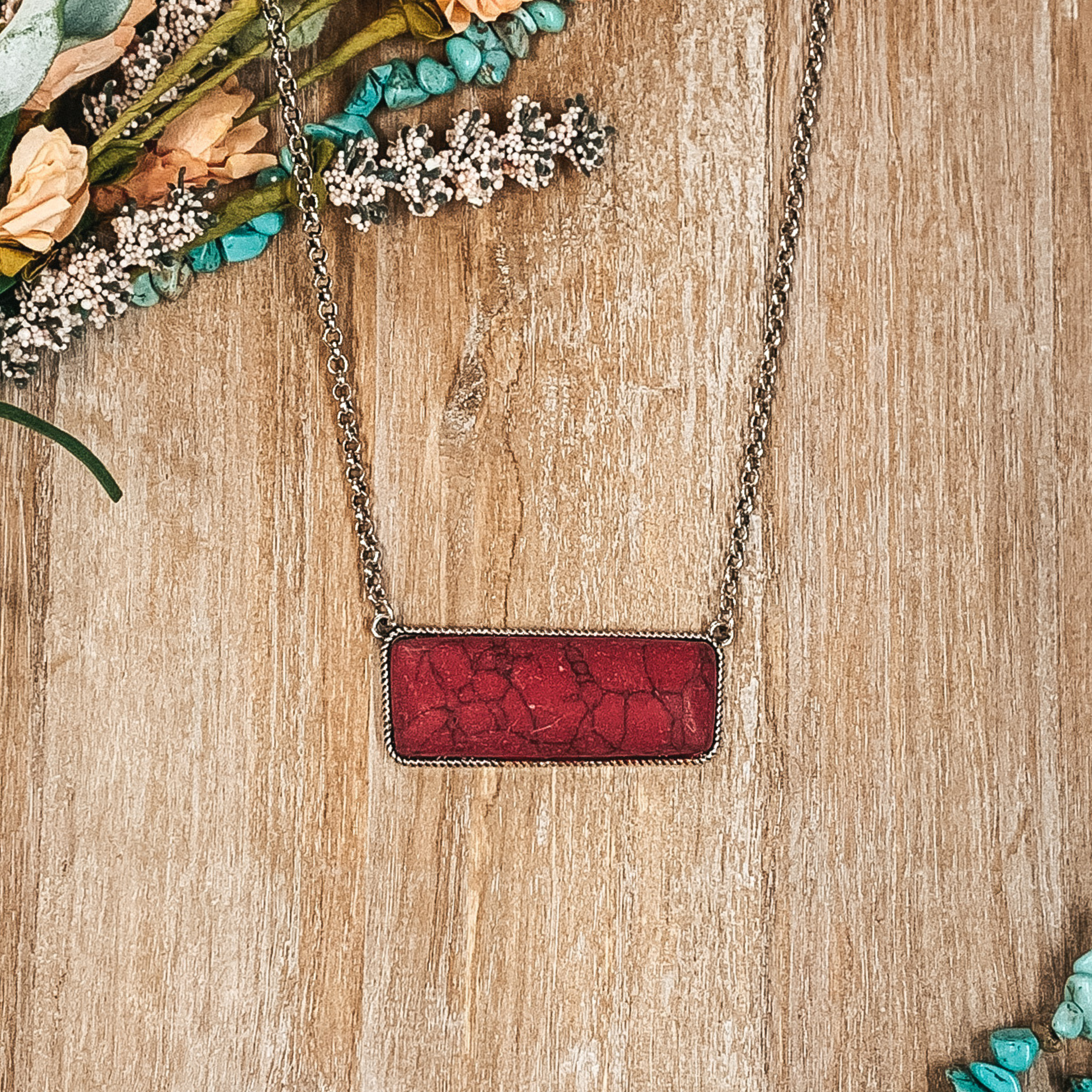 Large Rectangle Faux Stone Necklace in Red - Giddy Up Glamour Boutique