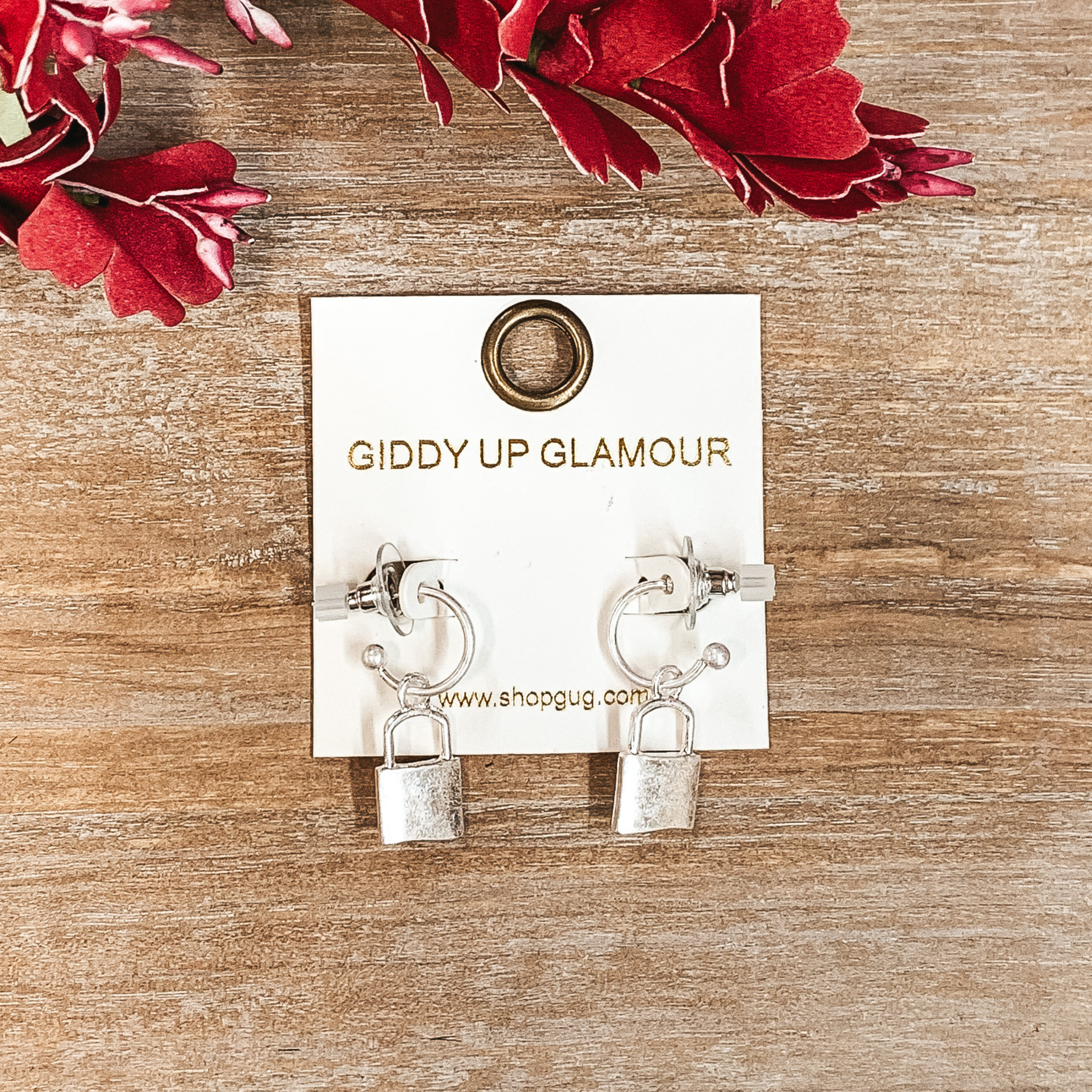 Lock and Key Small Hoop Earrings in Silver Tone - Giddy Up Glamour Boutique