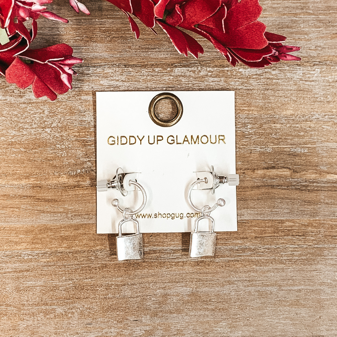 Lock and Key Small Hoop Earrings in Silver Tone - Giddy Up Glamour Boutique