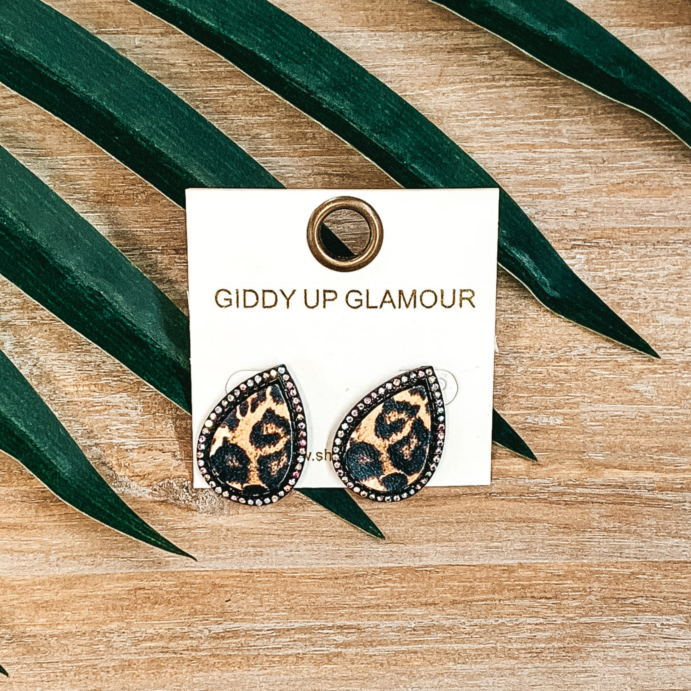 Teardrop Leopard Print Studs in Black with Multi Crystals - Giddy Up Glamour Boutique