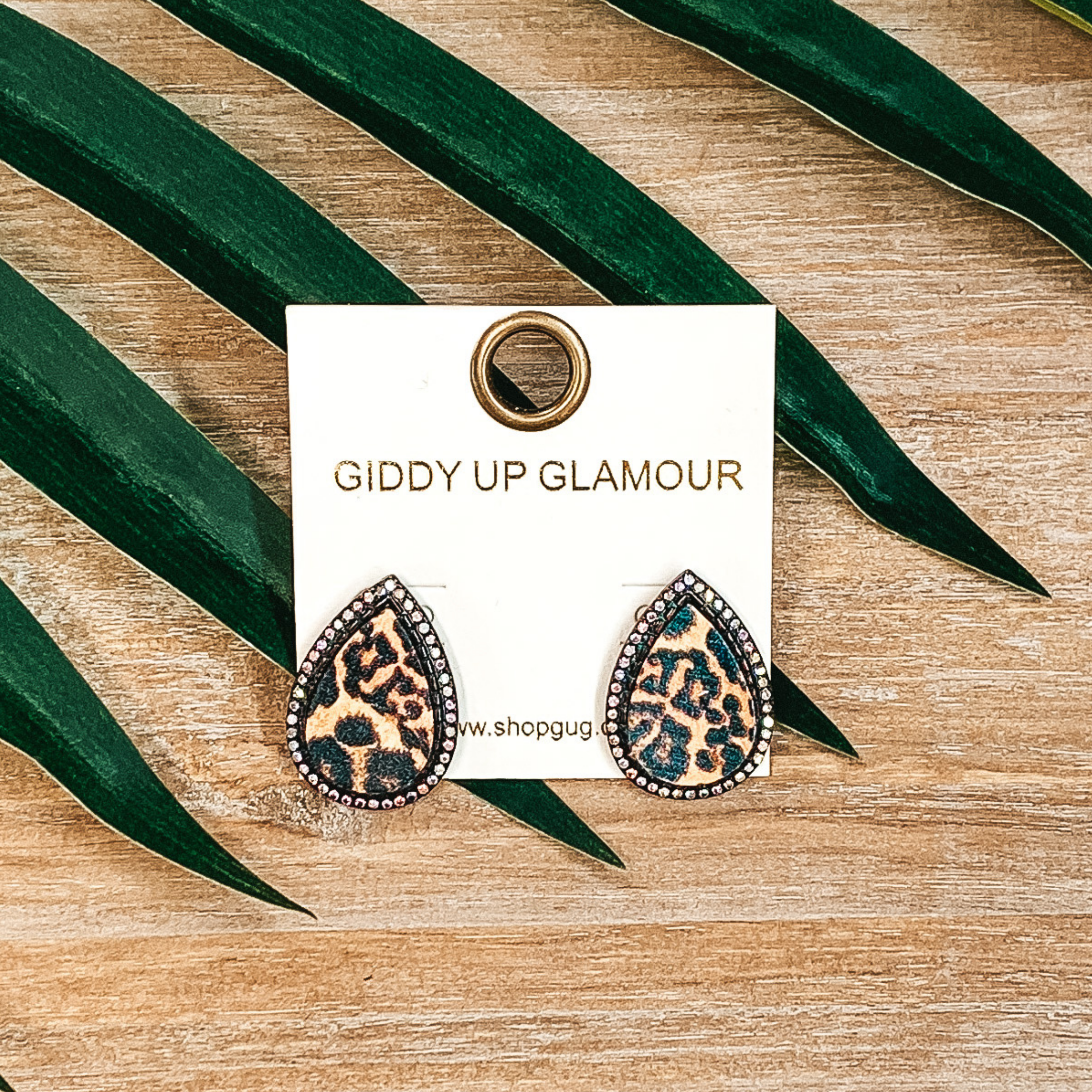Teardrop Leopard Print Studs in Patina with Multi Crystals - Giddy Up Glamour Boutique