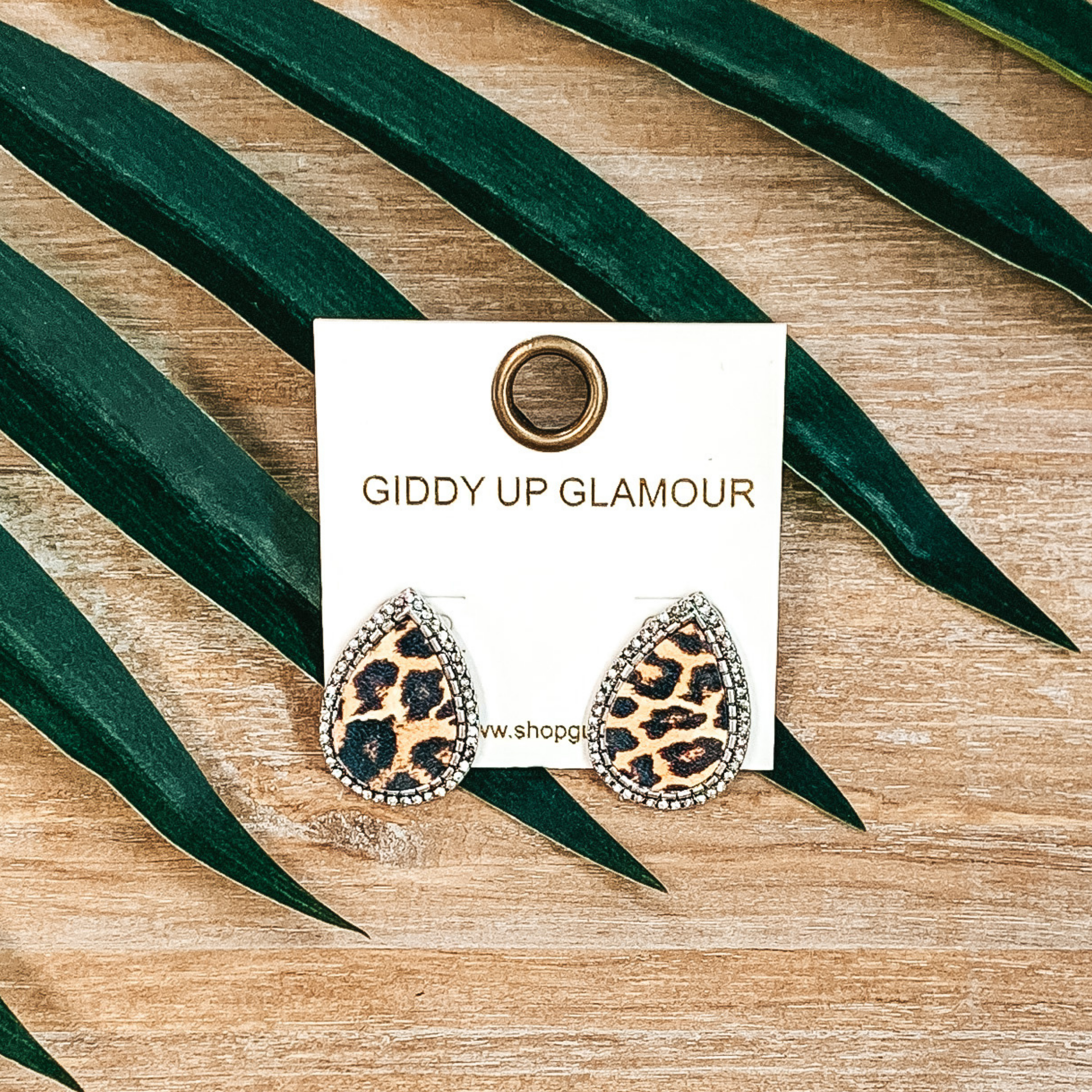 Teardrop Leopard Print Studs in Silver with Clear Crystals - Giddy Up Glamour Boutique
