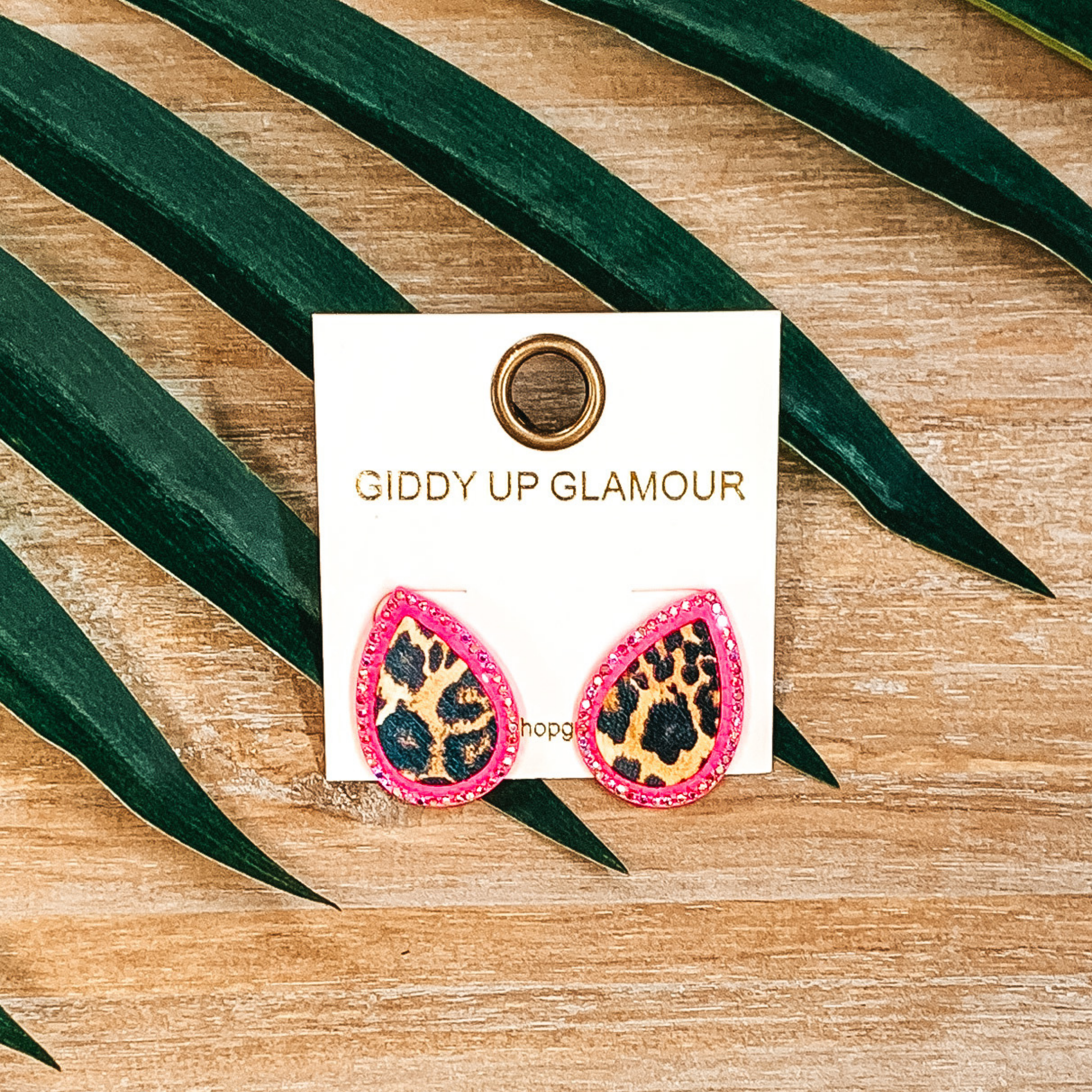 Teardrop Leopard Print Studs in Hot Pink with Multi Crystals - Giddy Up Glamour Boutique