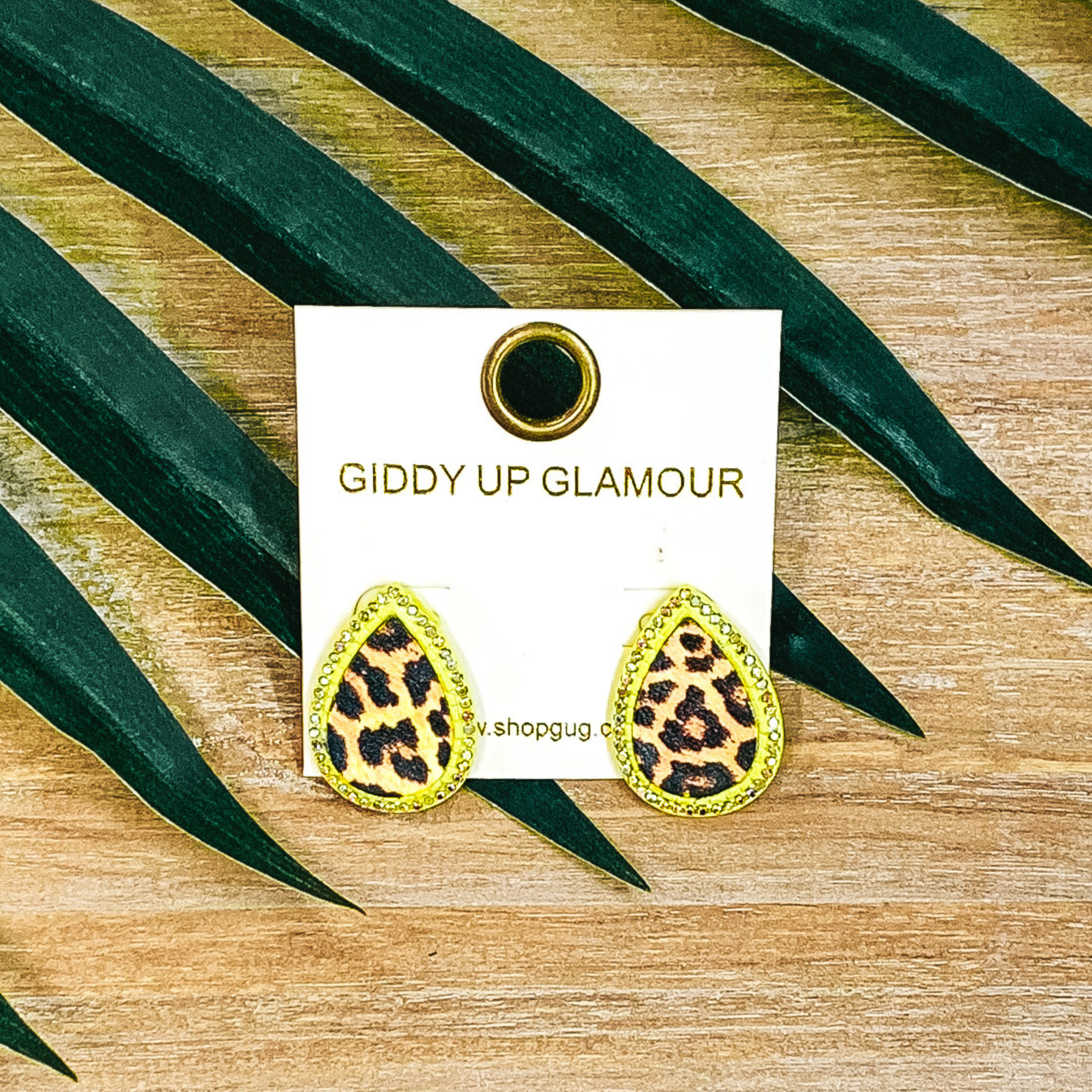 Teardrop Leopard Print Studs in Neon Yellow with Multi Crystals - Giddy Up Glamour Boutique