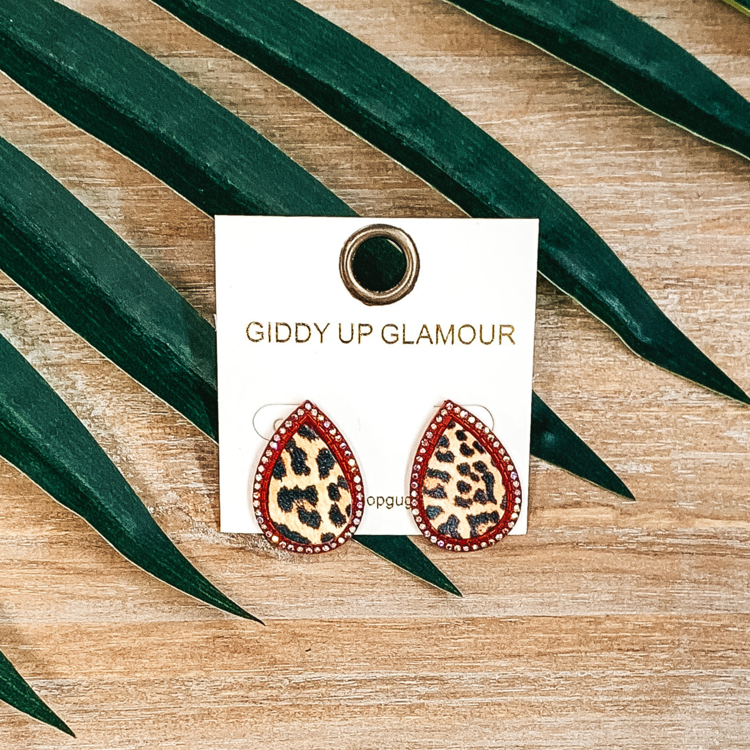 Teardrop Leopard Print Studs in Red with AB Crystals - Giddy Up Glamour Boutique