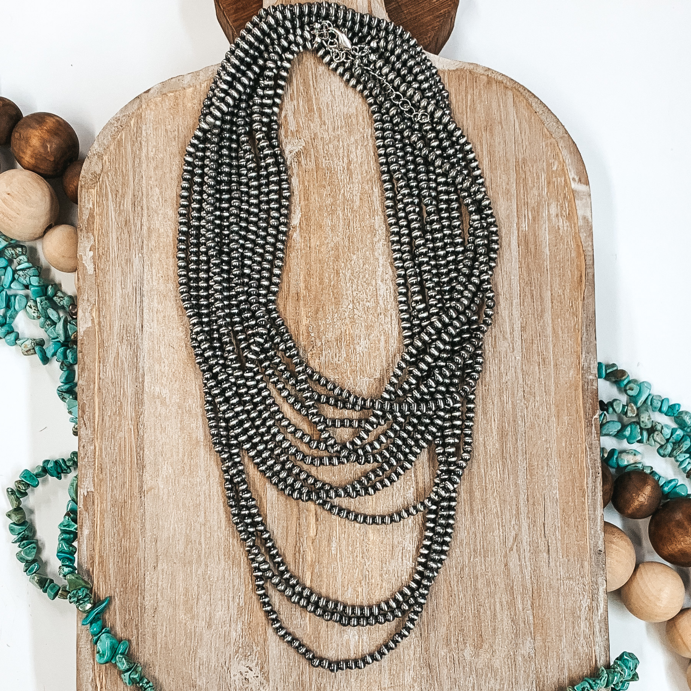 Three Strands of Long Faux Navajo Pearls in Silver Tone - Giddy Up Glamour Boutique