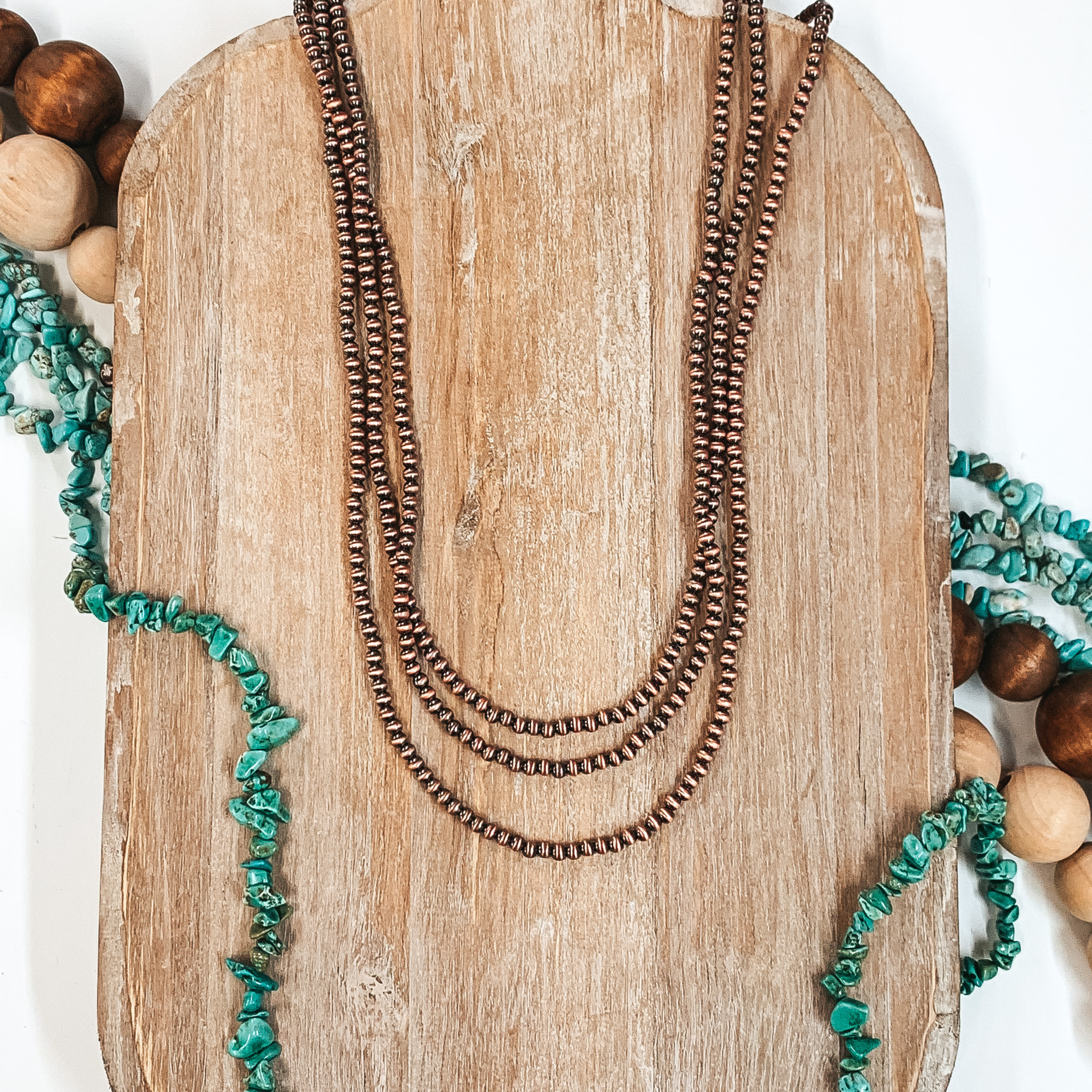 Three Strands of Long Faux Navajo Pearls in Copper Tone - Giddy Up Glamour Boutique