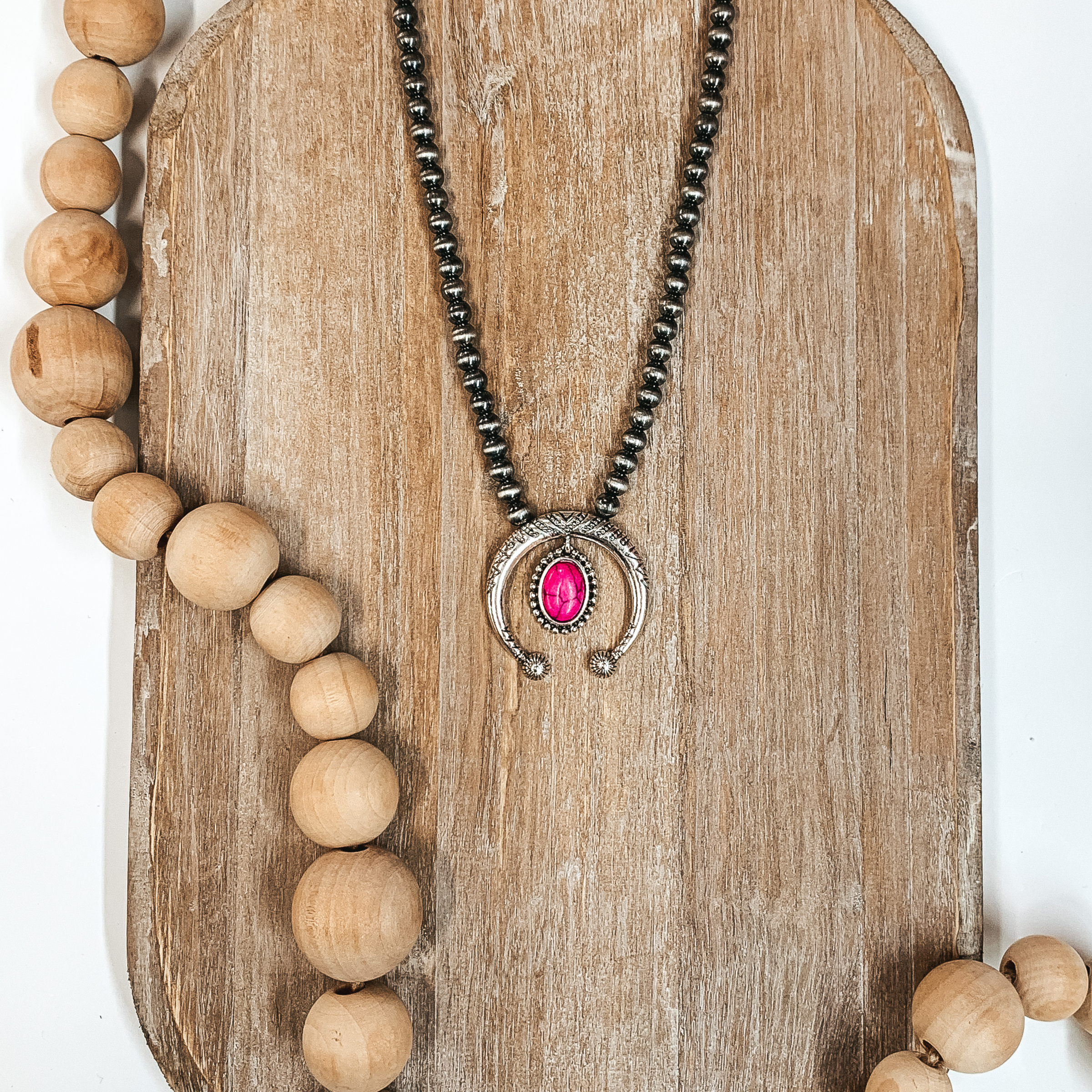 Squash Blossom with Oval Pendant and Navajo Inspired Pearl Necklace in Fuchsia - Giddy Up Glamour Boutique