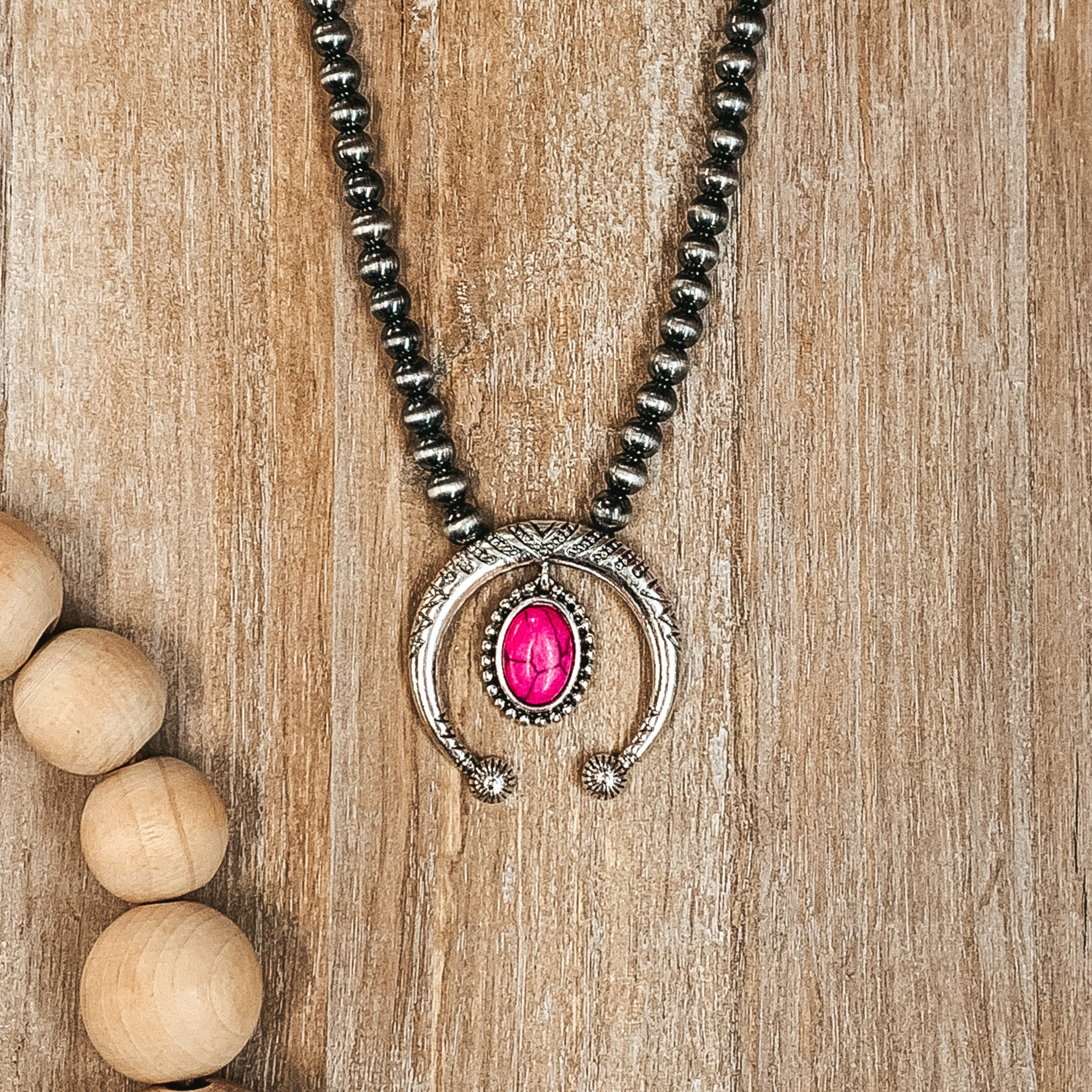 Squash Blossom with Oval Pendant and Navajo Inspired Pearl Necklace in Fuchsia - Giddy Up Glamour Boutique