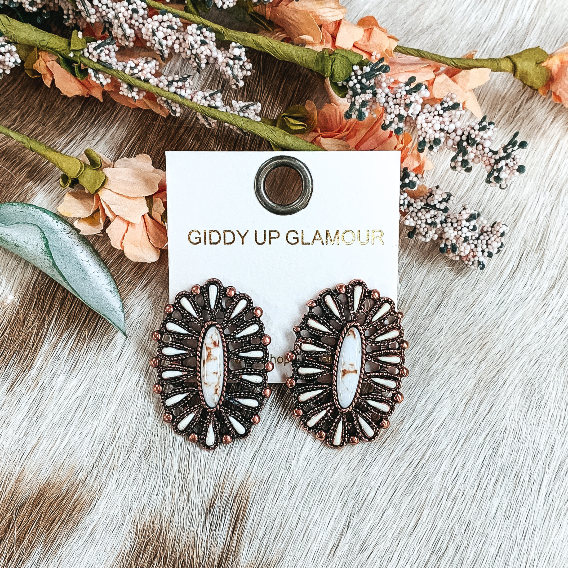 Copper Tone Oval Cluster Post Earrings in Ivory - Giddy Up Glamour Boutique