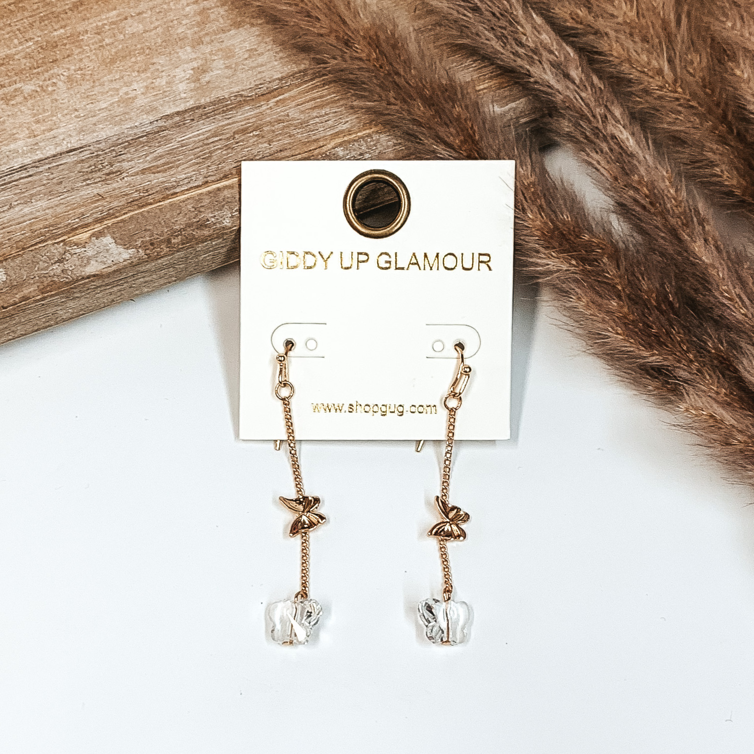 Butterfly Fly Away Earrings in Clear - Giddy Up Glamour Boutique