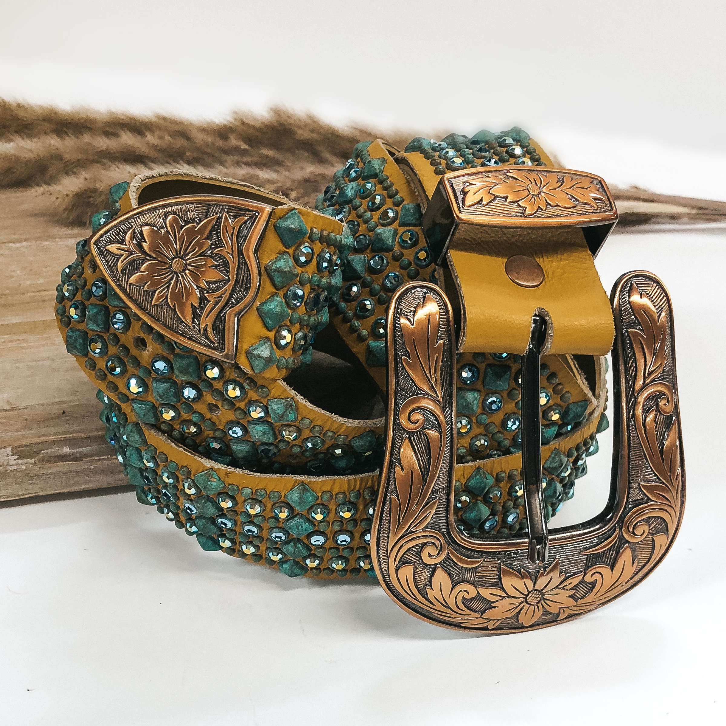 Kippys | Tan Leather Belt with Bronze Buckle and Patina Stones Colored Crystals - Giddy Up Glamour Boutique