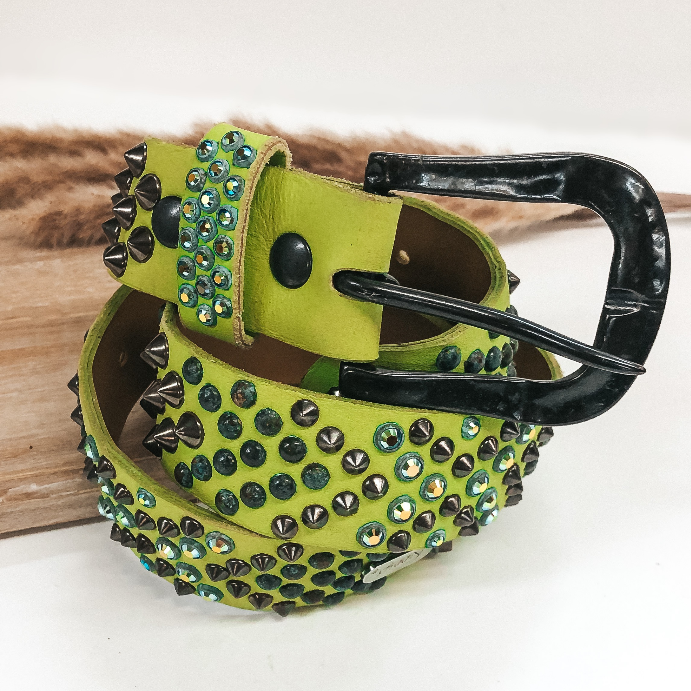 Kippys | Lime Green Leather Belt and Hammered Gunmetal Buckle with Silver Spikes and Patina Stones - Giddy Up Glamour Boutique