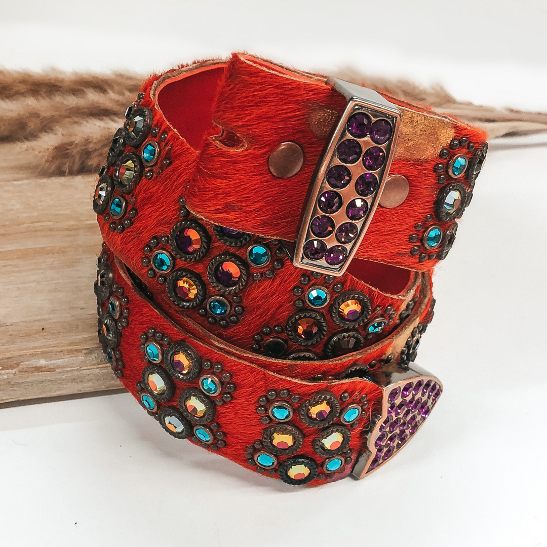 Kippys | Orange Cowhide Leather Belt with Purple and Blue Crystals - Giddy Up Glamour Boutique