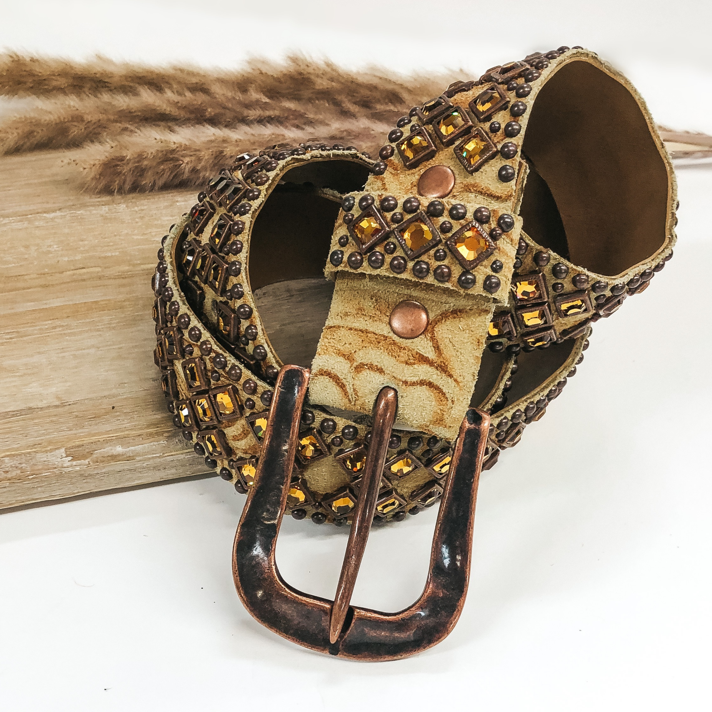 Kippys | Roughed Out Leather Belt with Hammered Bronze Buckle and Brown Crystals - Giddy Up Glamour Boutique