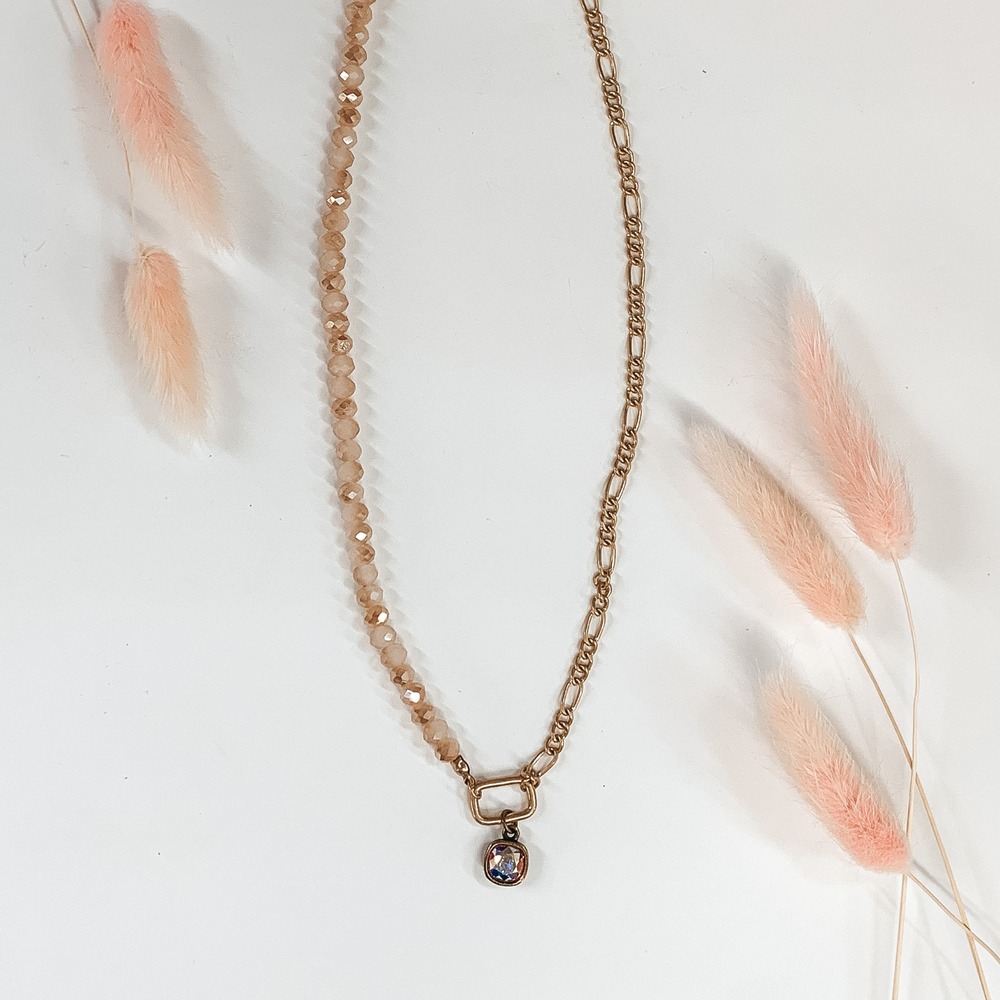 Pink Panache | Champagne and Gold Necklace with Rectangle Charm and AB Cushion Cut Crystal - Giddy Up Glamour Boutique