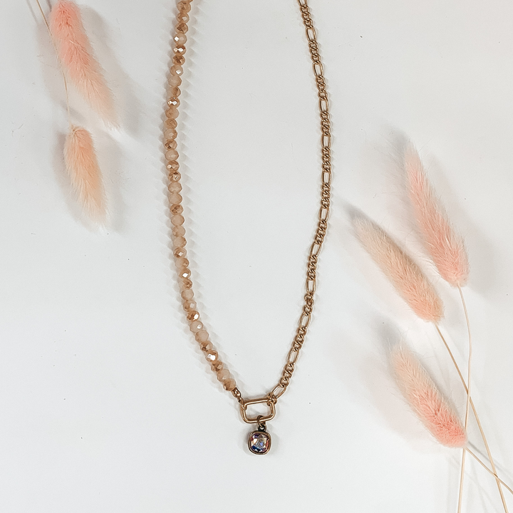 Pink Panache | Champagne and Gold Necklace with Rectangle Charm and AB Cushion Cut Crystal - Giddy Up Glamour Boutique