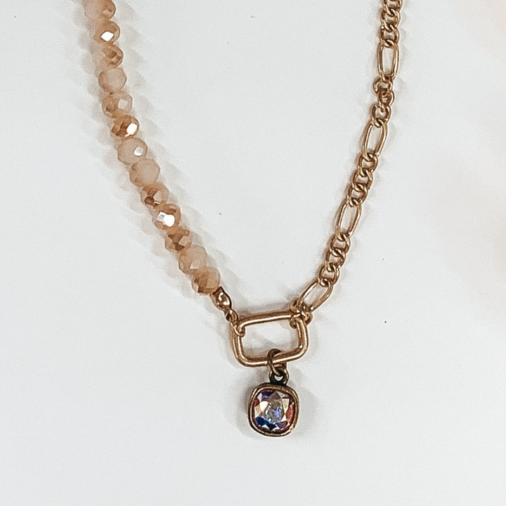 Pink Panache | Champagne and Gold Necklace with Rectangle Charm and AB Cushion Cut Crystal - Giddy Up Glamour Boutique
