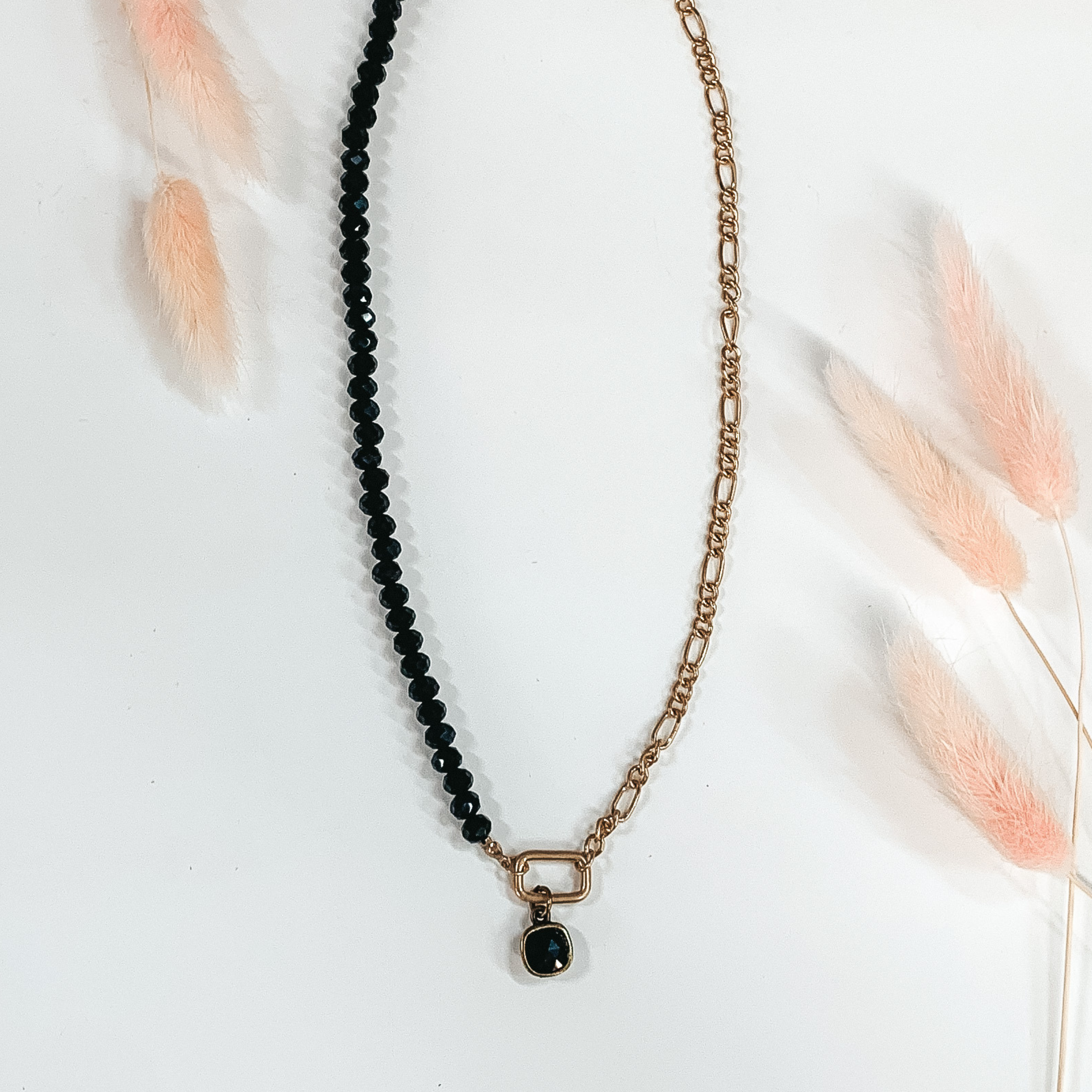 Pink Panache | Black and Gold Necklace with Rectangle Charm and Black Cushion Cut Crystal - Giddy Up Glamour Boutique