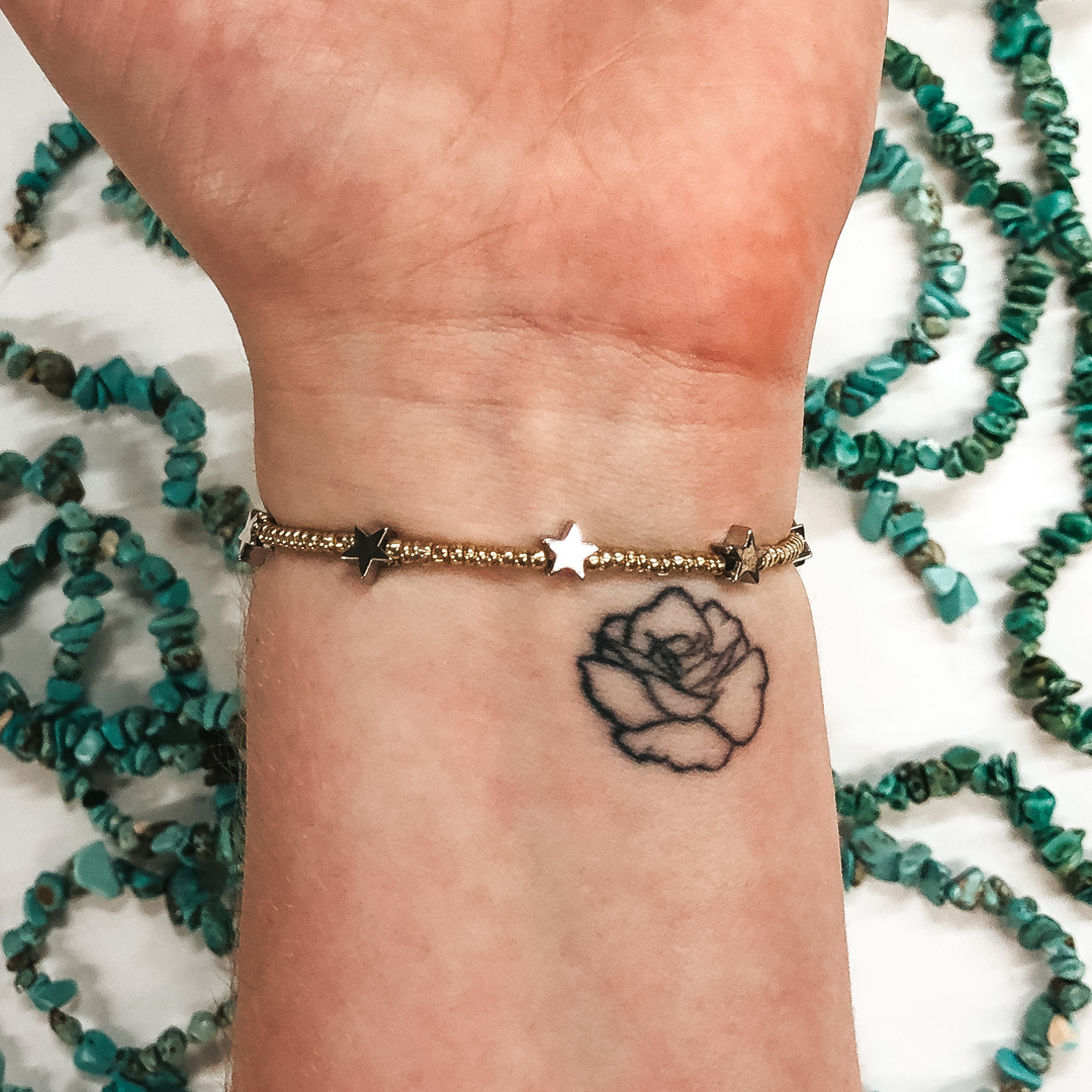 Lucky Stars Gold Beaded Bracelet with Silver Stars - Giddy Up Glamour Boutique