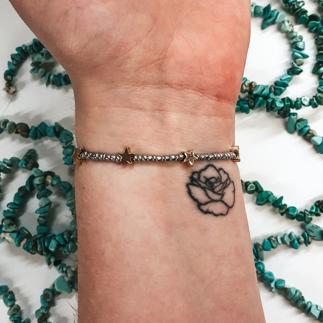 Lucky Stars Silver Beaded Bracelet with Gold Stars - Giddy Up Glamour Boutique