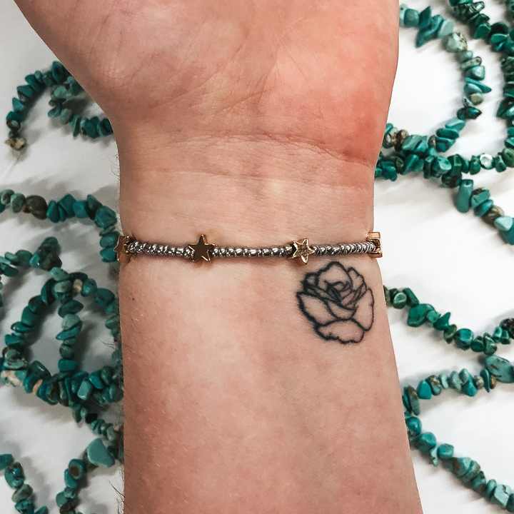 Lucky Stars Silver Beaded Bracelet with Gold Stars - Giddy Up Glamour Boutique