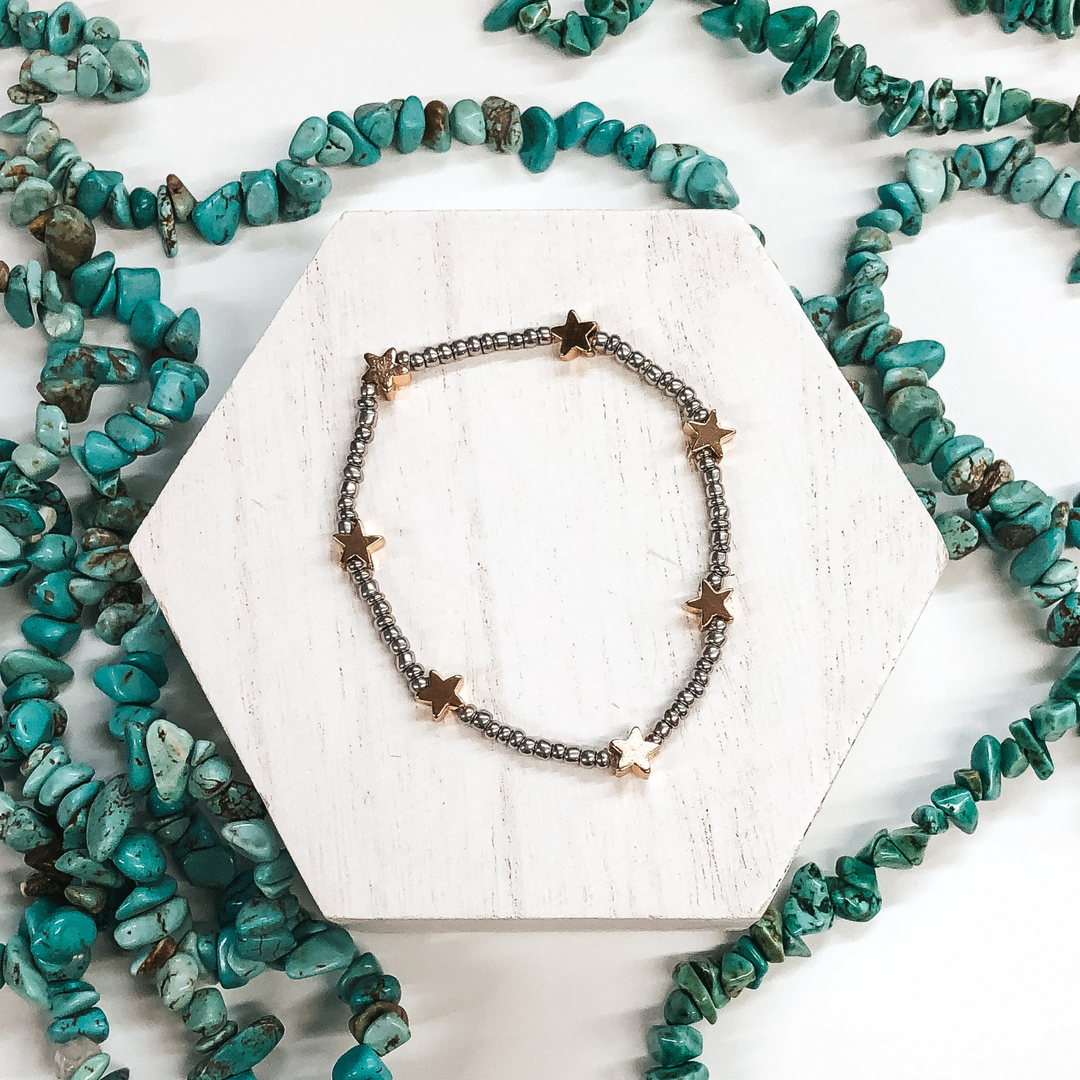 Lucky Stars Silver Beaded Bracelet with Gold Stars - Giddy Up Glamour Boutique