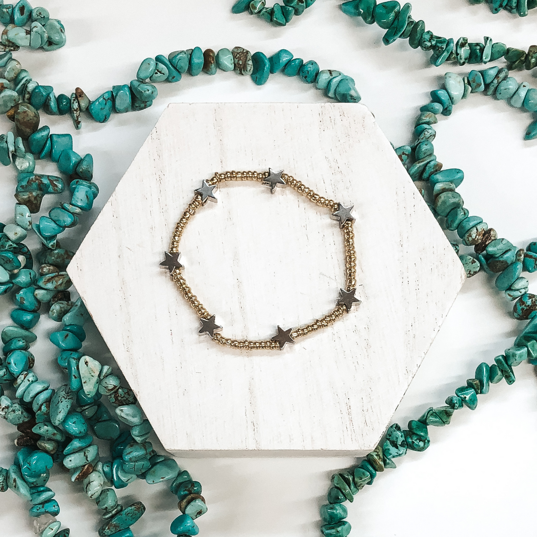 Lucky Stars Gold Beaded Bracelet with Silver Stars - Giddy Up Glamour Boutique