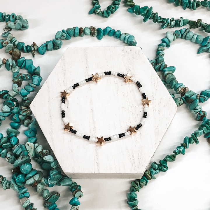 Written in the Stars Black and White Beaded Bracelet with Gold Stars - Giddy Up Glamour Boutique