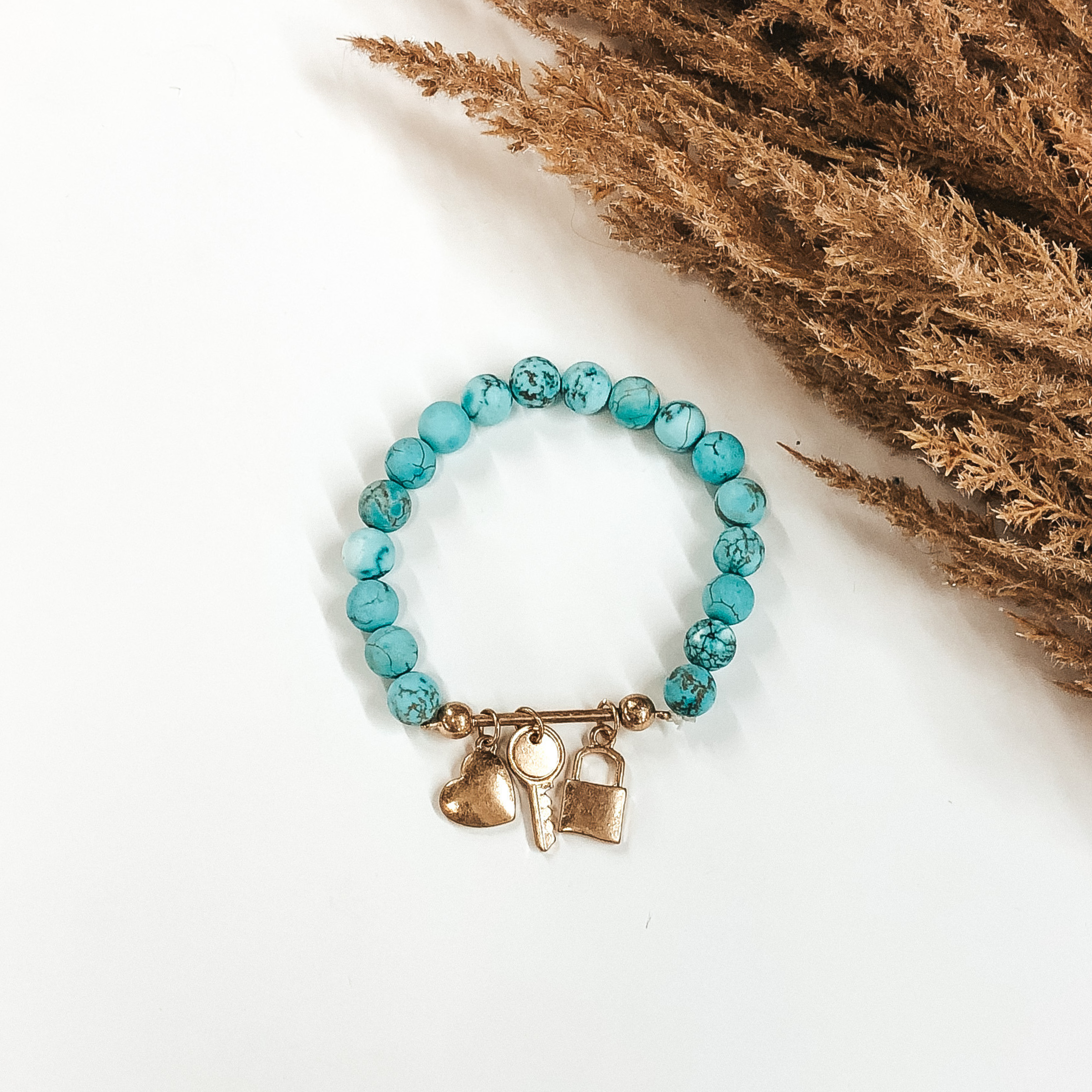 Lock Up Your Heart Bracelet in Turquoise/Gold - Giddy Up Glamour Boutique