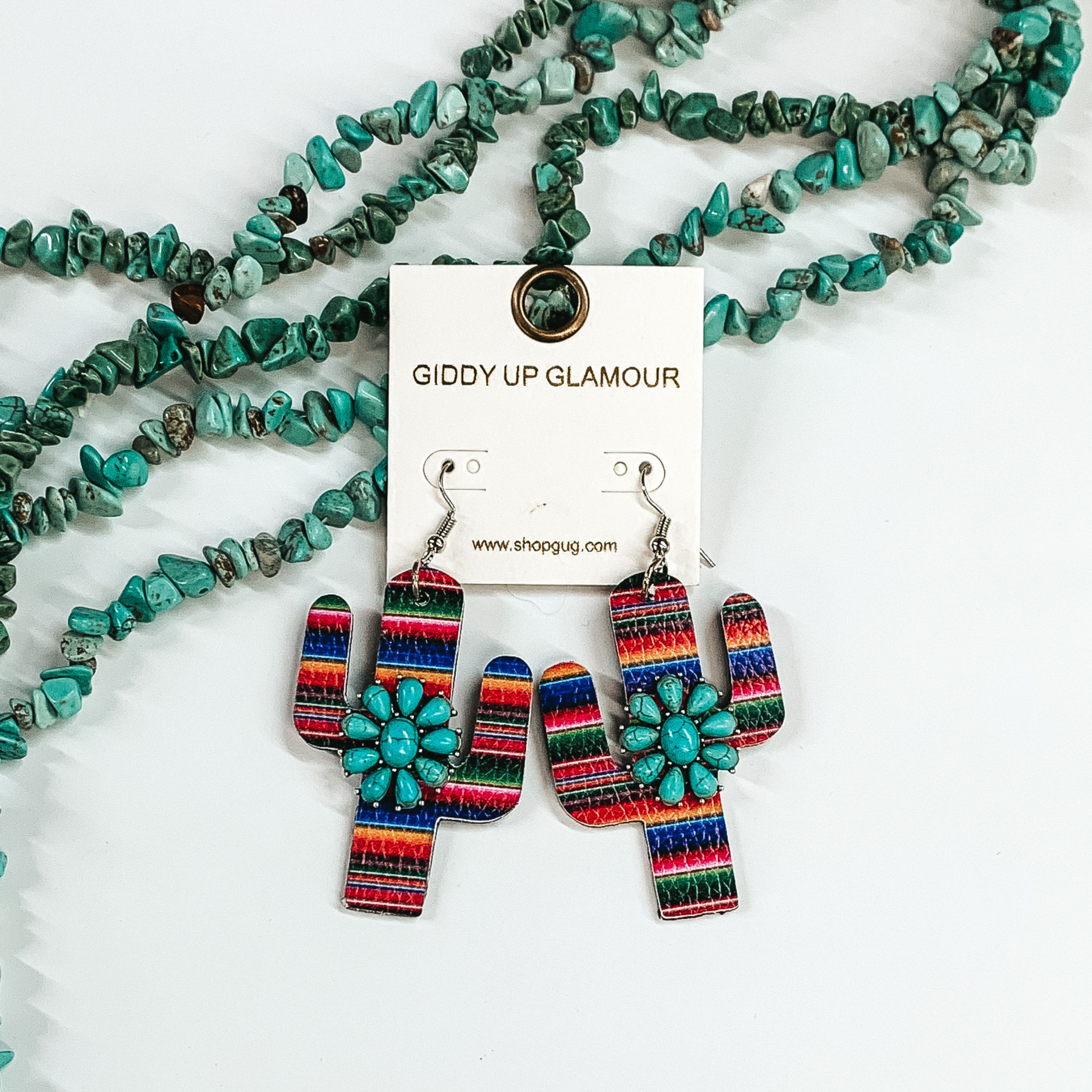 Cactus Serape Print Dangle Earrings with Turquoise Cluster - Giddy Up Glamour Boutique