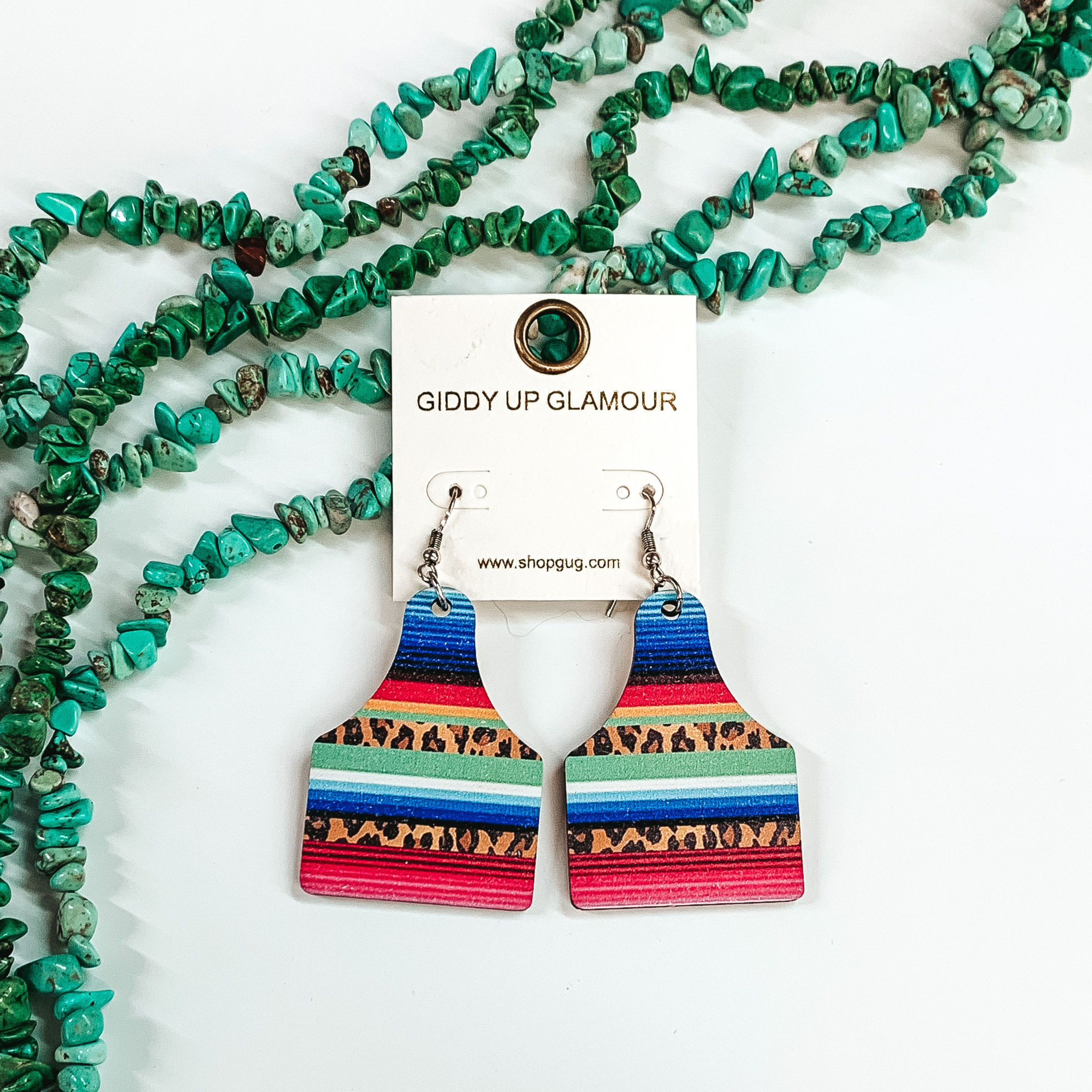 Wood Ear Tag Earrings in Serape/Leopard Print - Giddy Up Glamour Boutique
