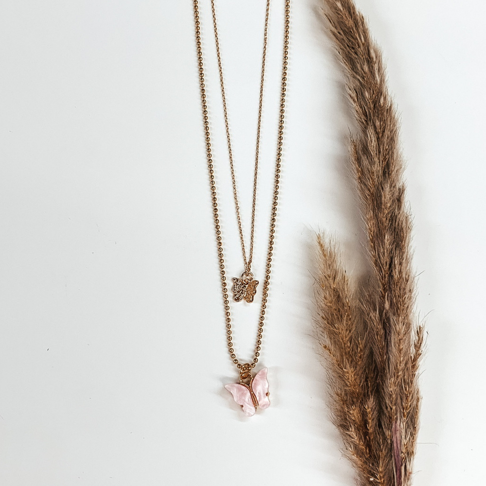 Double Layered Butterfly Gold Necklace in Pink - Giddy Up Glamour Boutique