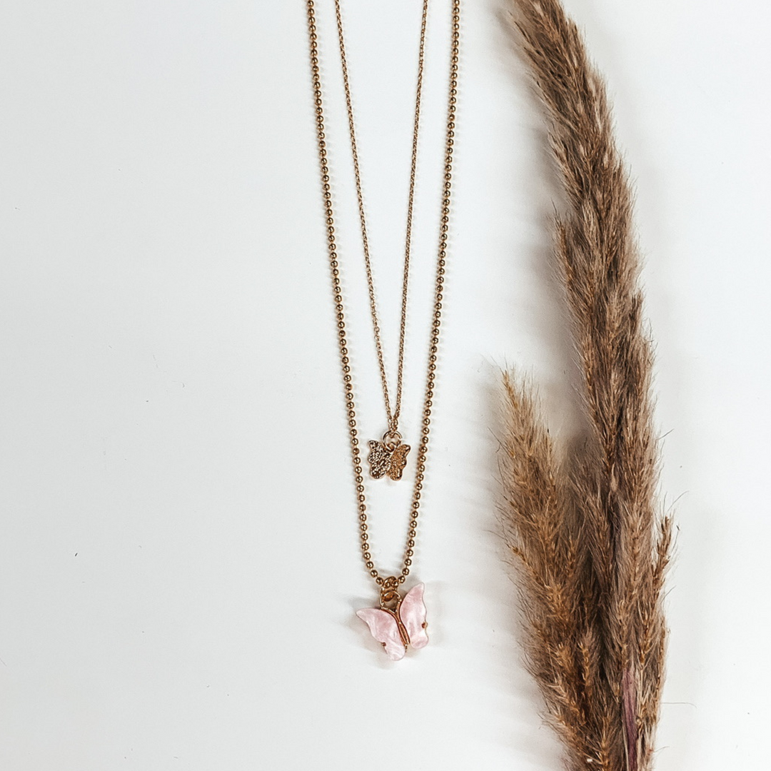 Double Layered Butterfly Gold Necklace in Pink - Giddy Up Glamour Boutique