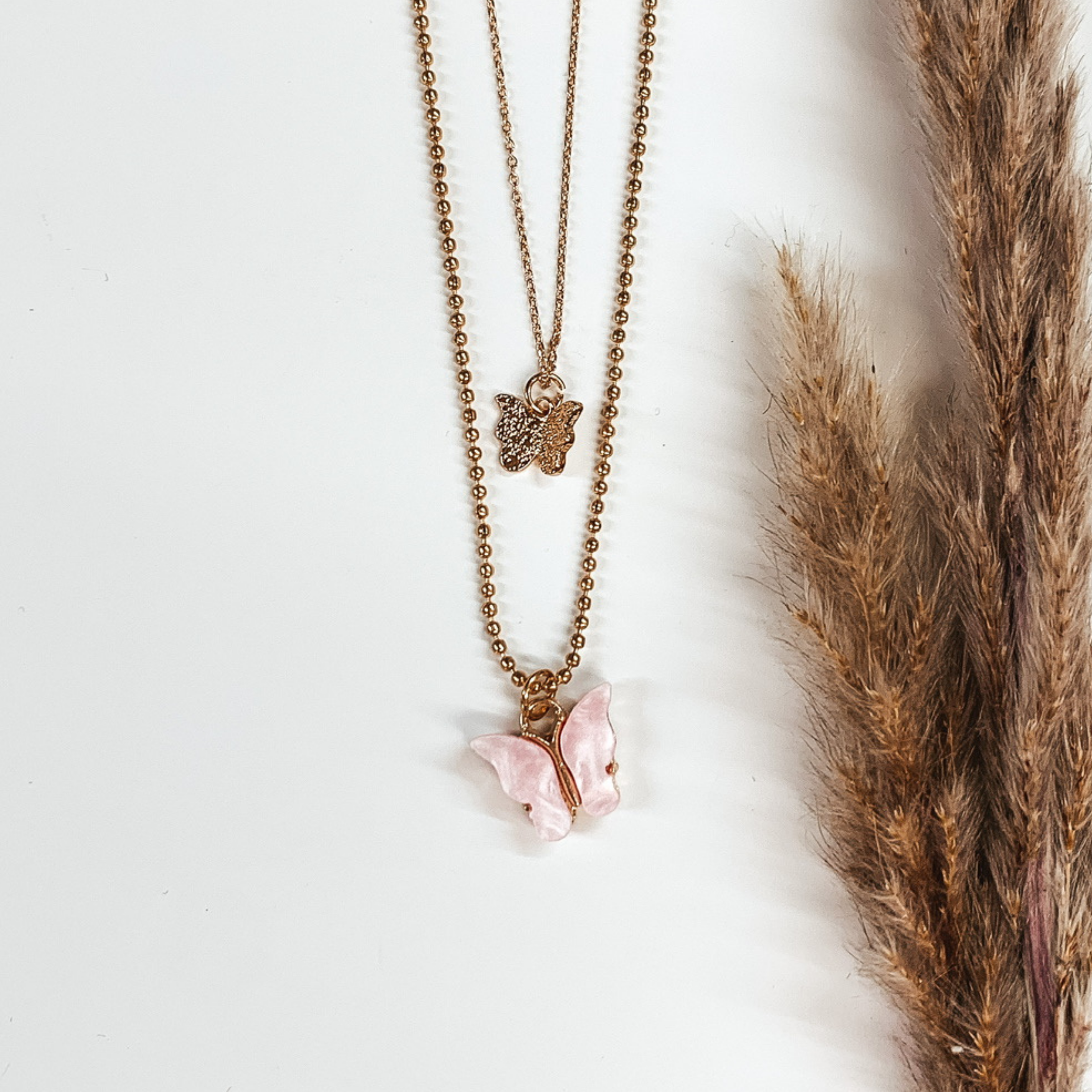Double Layered Butterfly Gold Necklace in Pink - Giddy Up Glamour Boutique