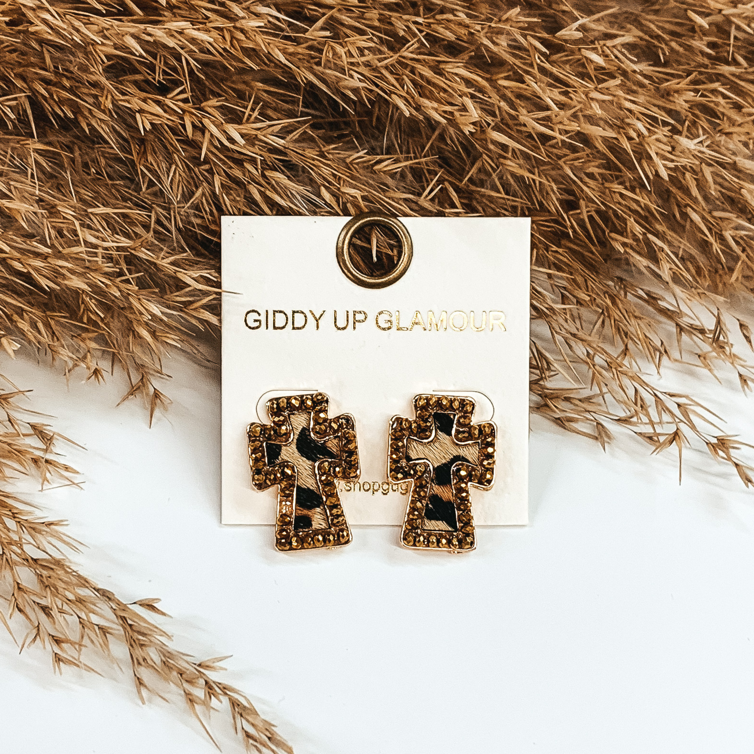 Staying Neutral Cross Studs in Leopard Print with Bronze Beaded Outline - Giddy Up Glamour Boutique