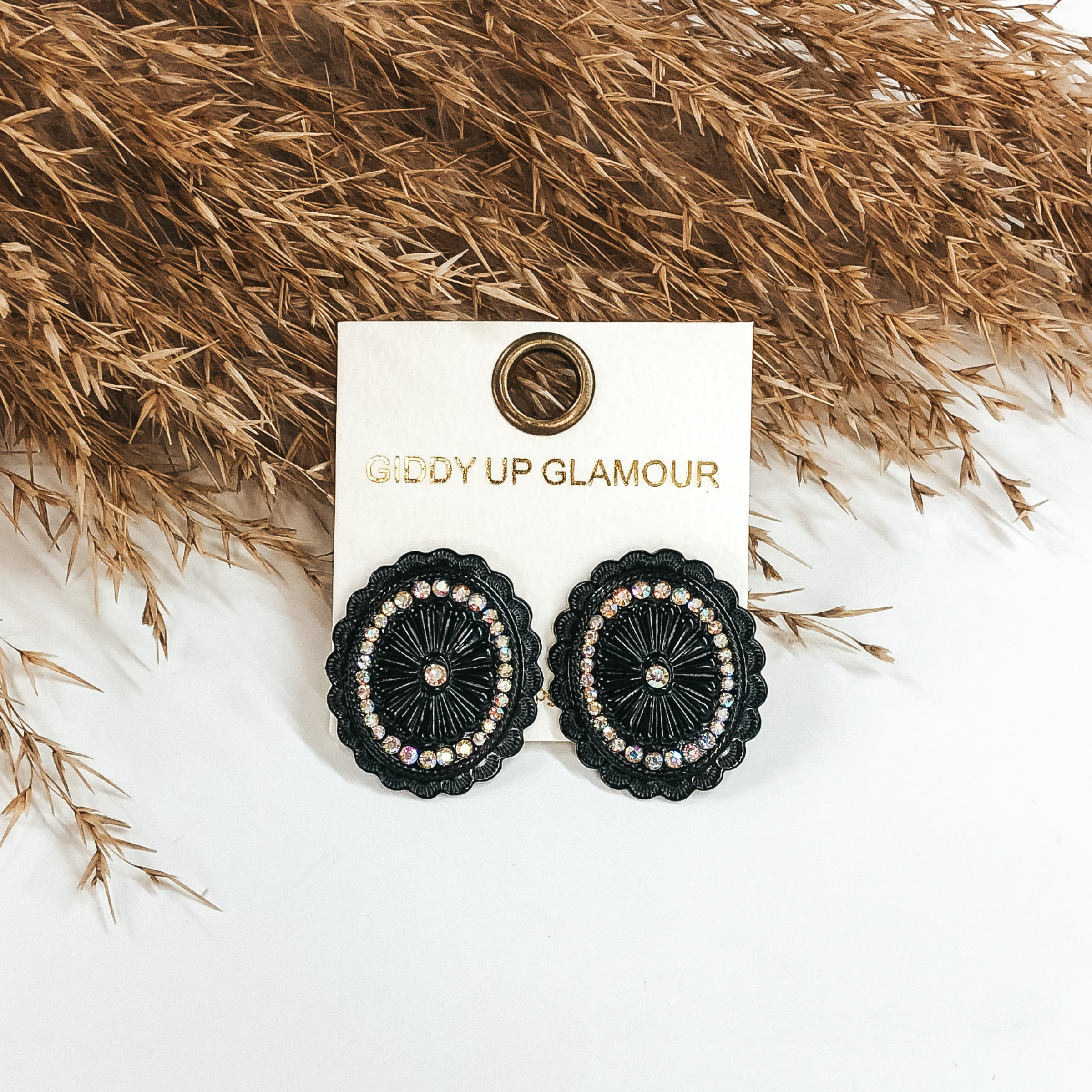 Black Concho Stud Earrings with AB Crystals - Giddy Up Glamour Boutique
