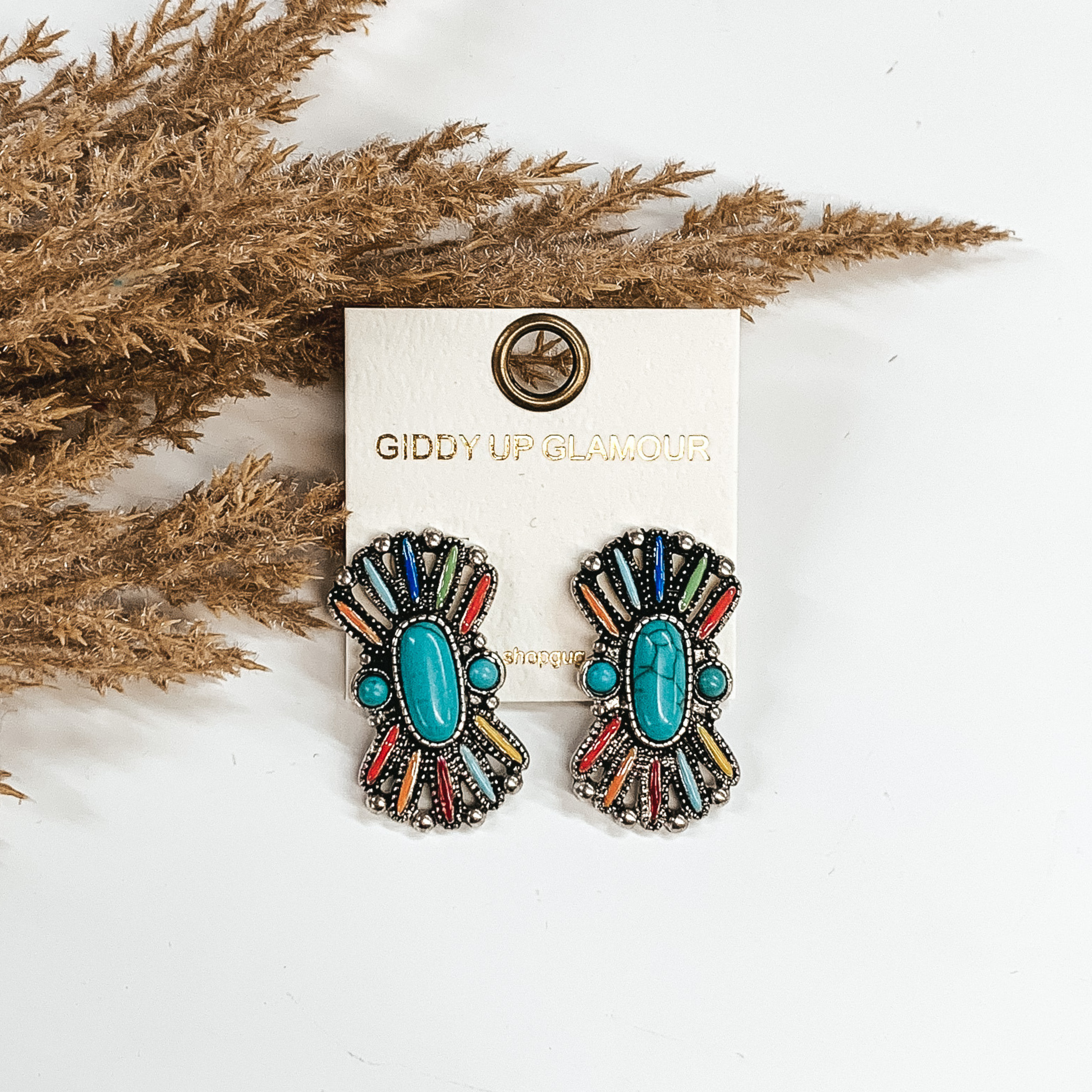 Multicolored Stone Hour-Glass Shaped Earrings in Silver - Giddy Up Glamour Boutique