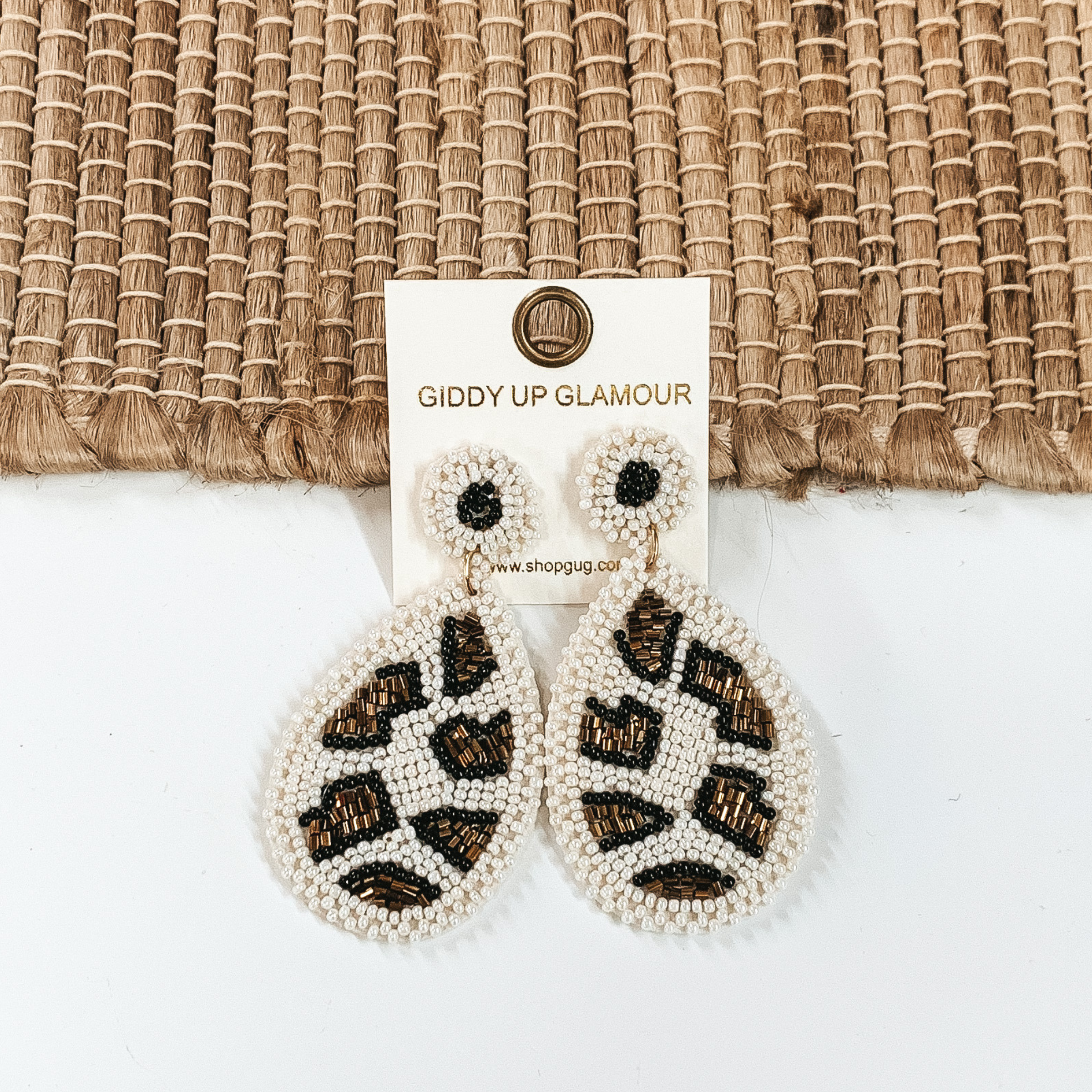 Beaded Leopard Print Teardrop Earrings in White - Giddy Up Glamour Boutique